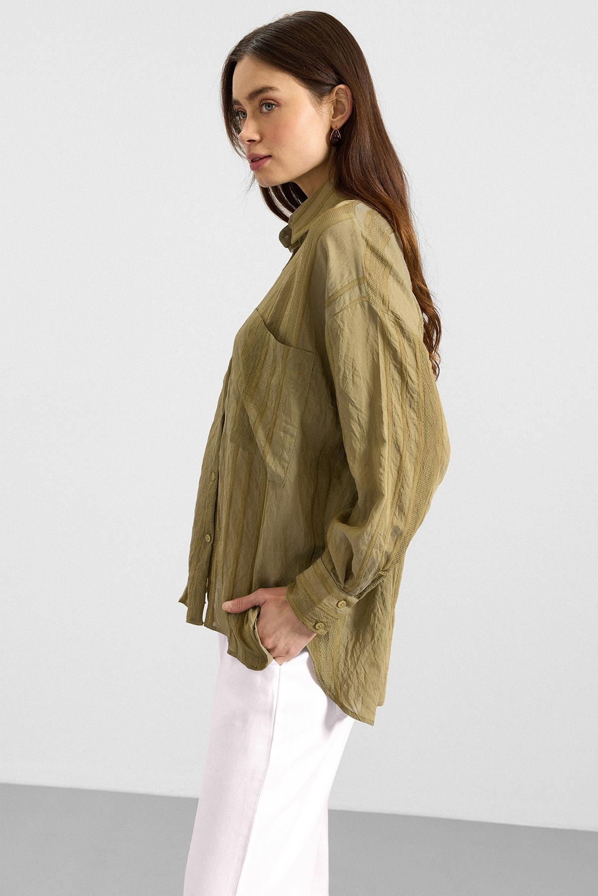 Kendinden Desenli Salaş Gömlek YEŞİL 9408