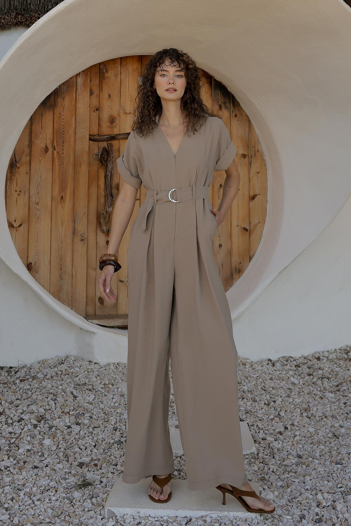 Short Sleeve Belt Detailed Modal Jumpsuit IVORY 9342