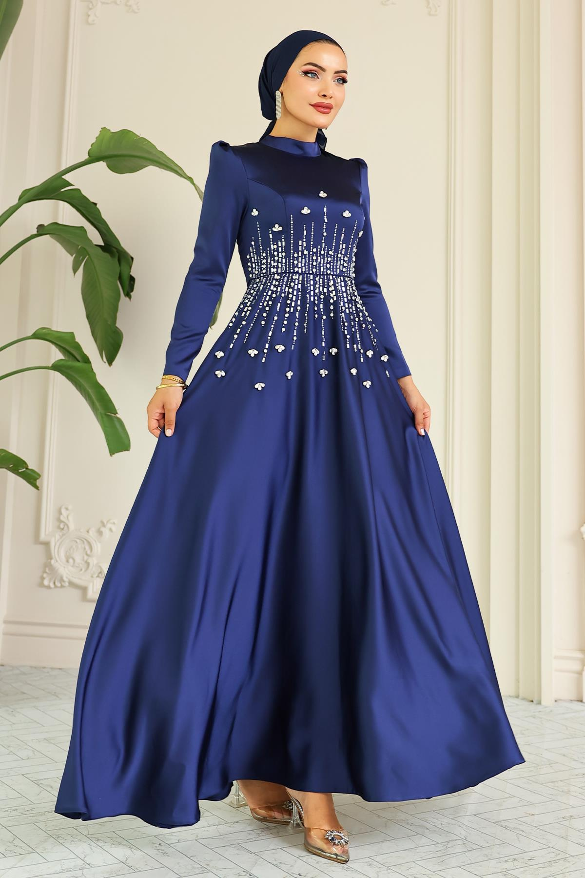Kloş Önü Taş Desenli Saten Tesettür Abiye Elbise LACİVERT 1680