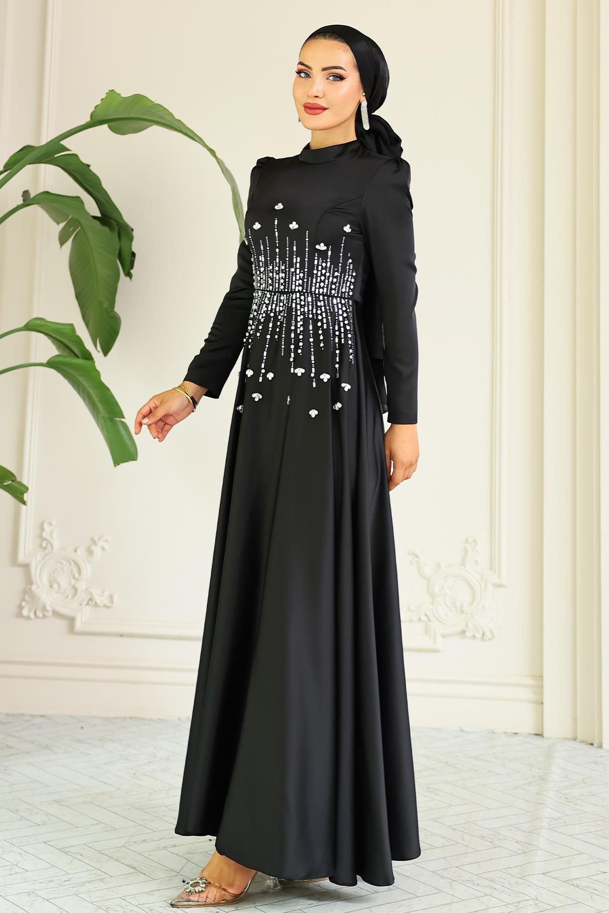 Kloş Önü Taş Desenli Saten Tesettür Abiye Elbise SİYAH 1680