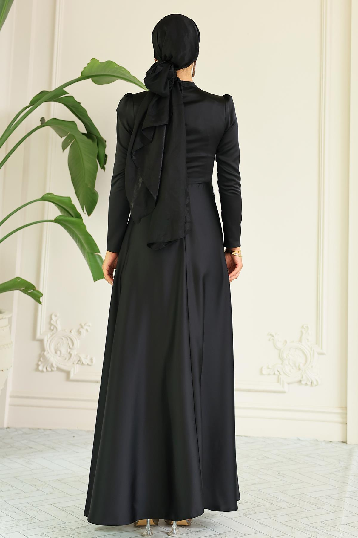 Kloş Önü Taş Desenli Saten Tesettür Abiye Elbise SİYAH 1680