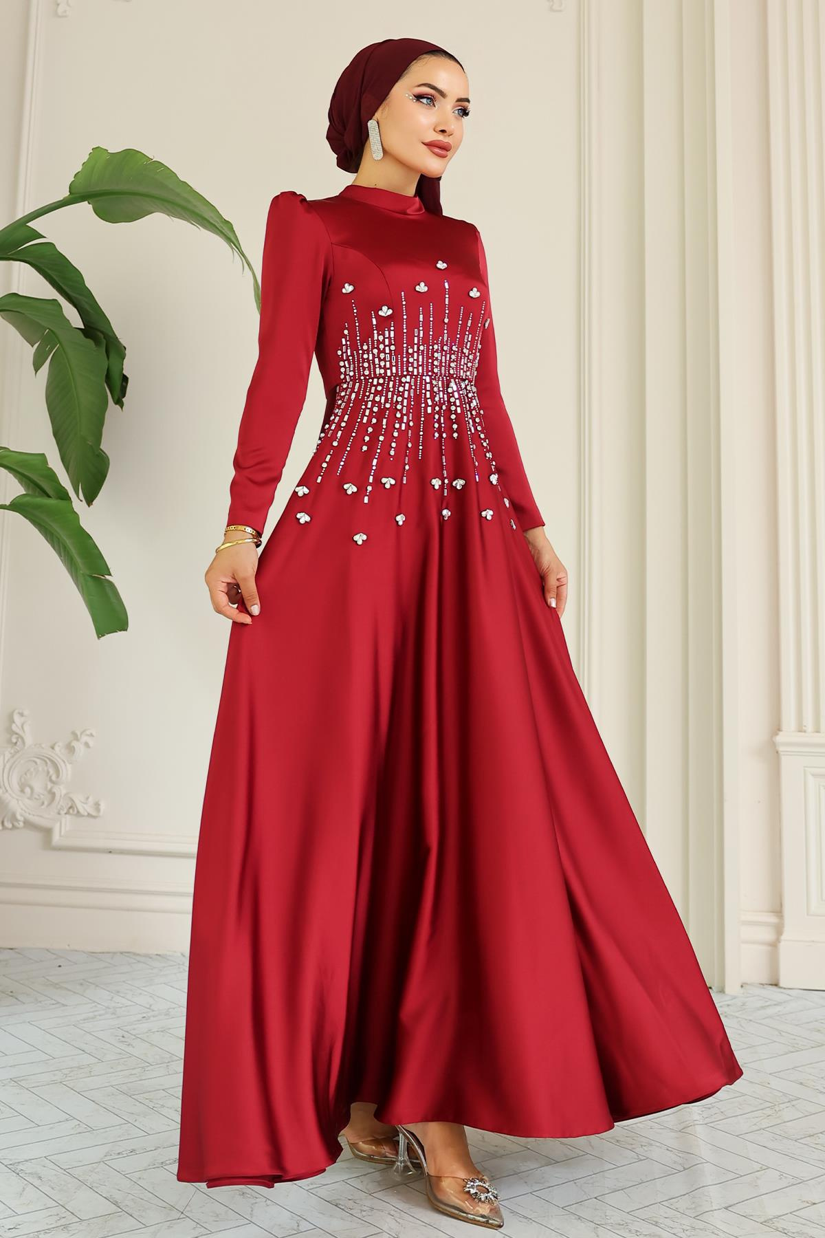 Kloş Önü Taş Desenli Saten Tesettür Abiye Elbise BORDO 1680
