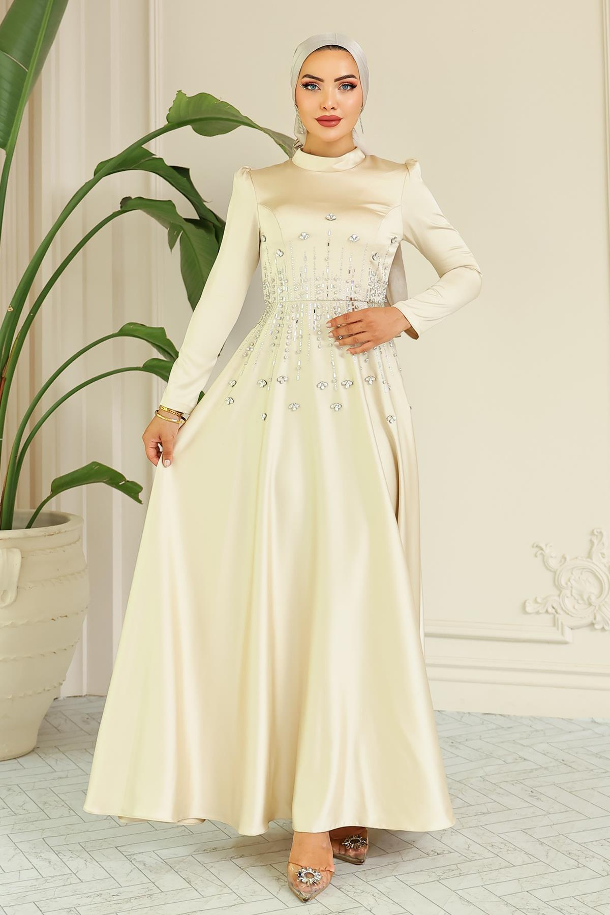 Kloş Önü Taş Desenli Saten Tesettür Abiye Elbise BEJ 1680