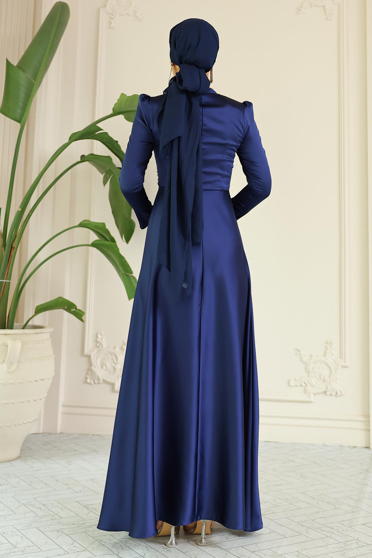 Kloş Önü Taş Desenli Saten Tesettür Abiye Elbise LACİVERT 1680