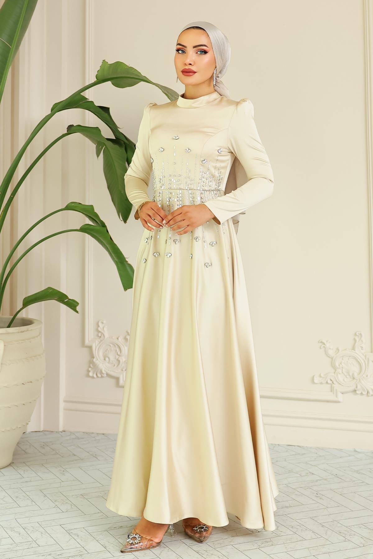 Kloş Önü Taş Desenli Saten Tesettür Abiye Elbise BEJ 1680