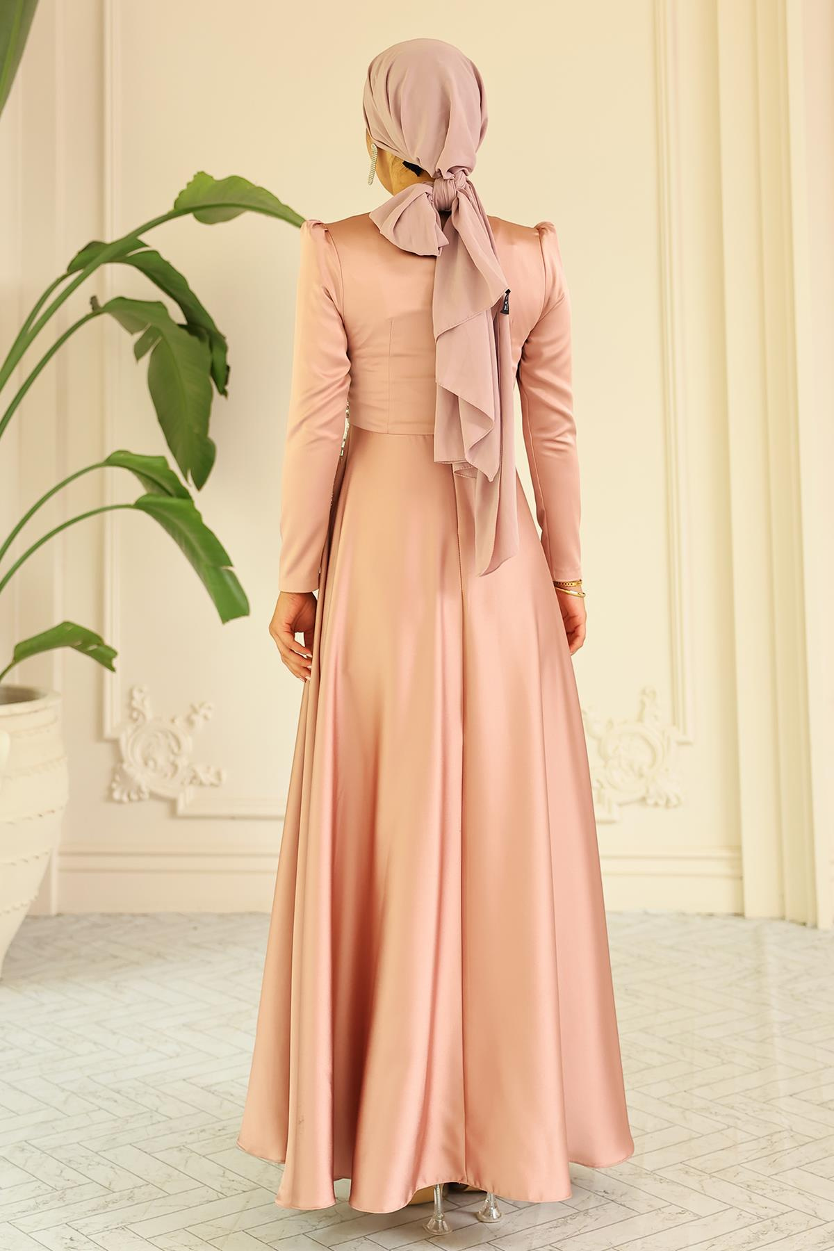 Kloş Önü Taş Desenli Saten Tesettür Abiye Elbise PUDRA 1680