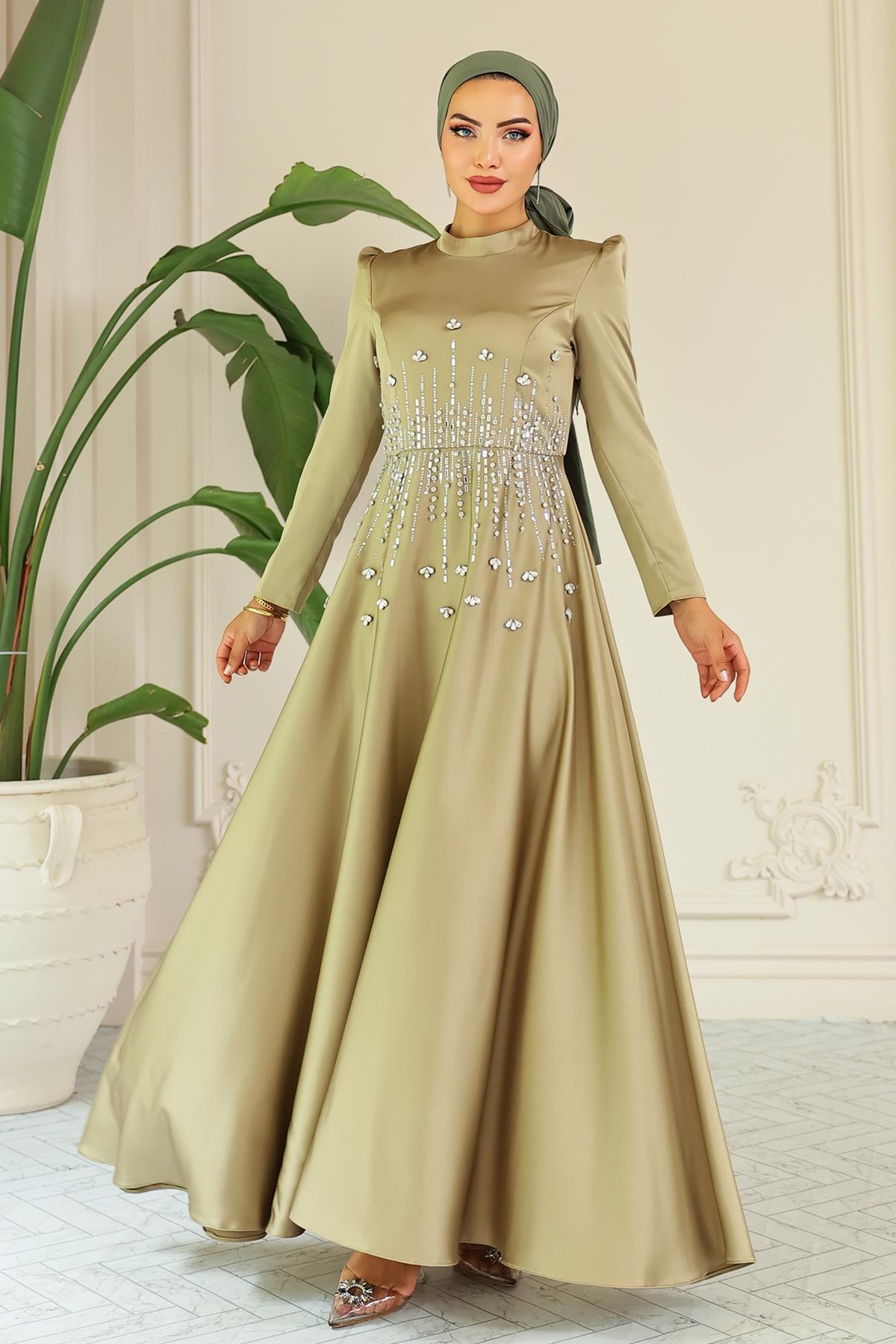 Kloş Önü Taş Desenli Saten Tesettür Abiye Elbise YAĞ YEŞİLİ 1680