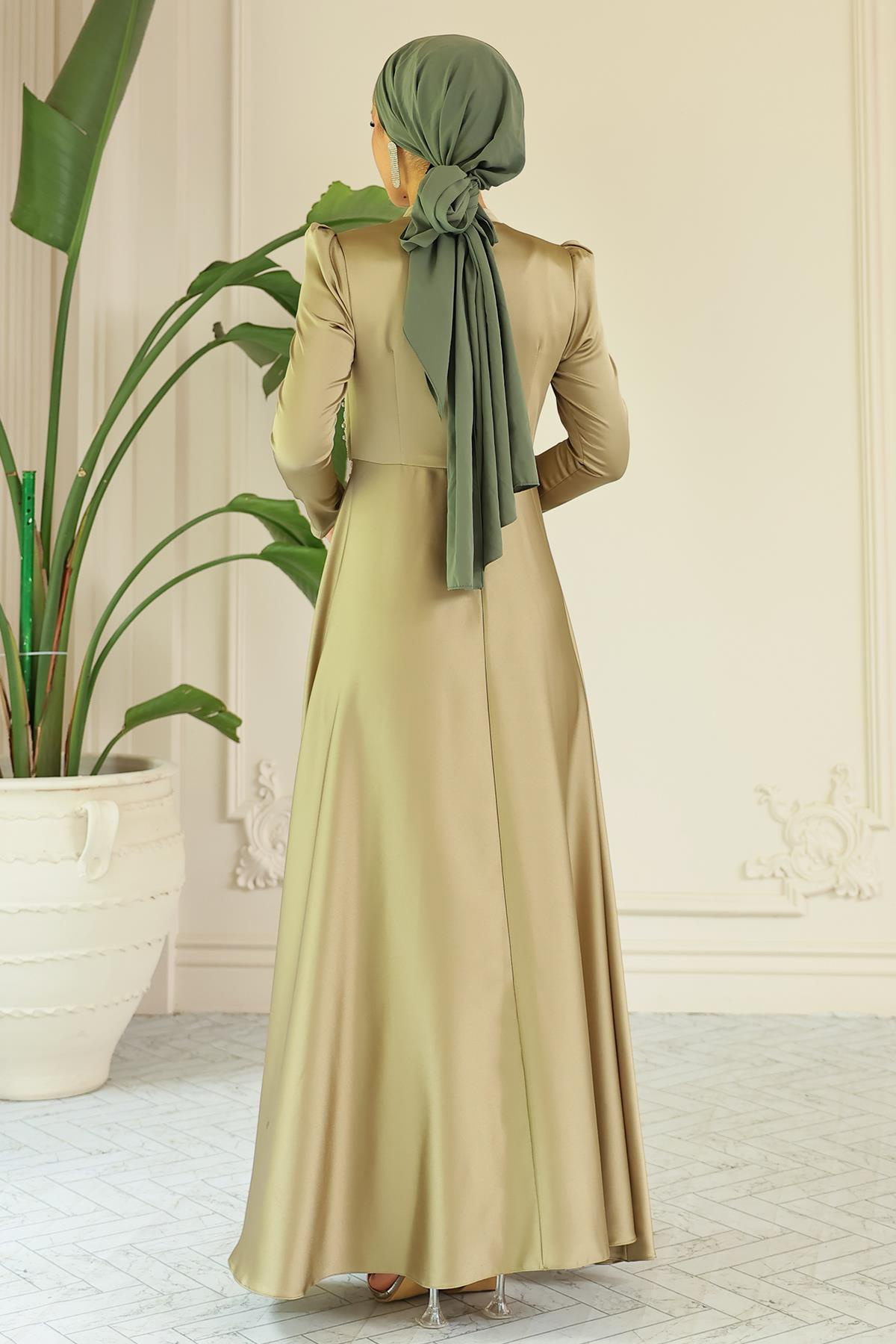 Kloş Önü Taş Desenli Saten Tesettür Abiye Elbise YAĞ YEŞİLİ 1680