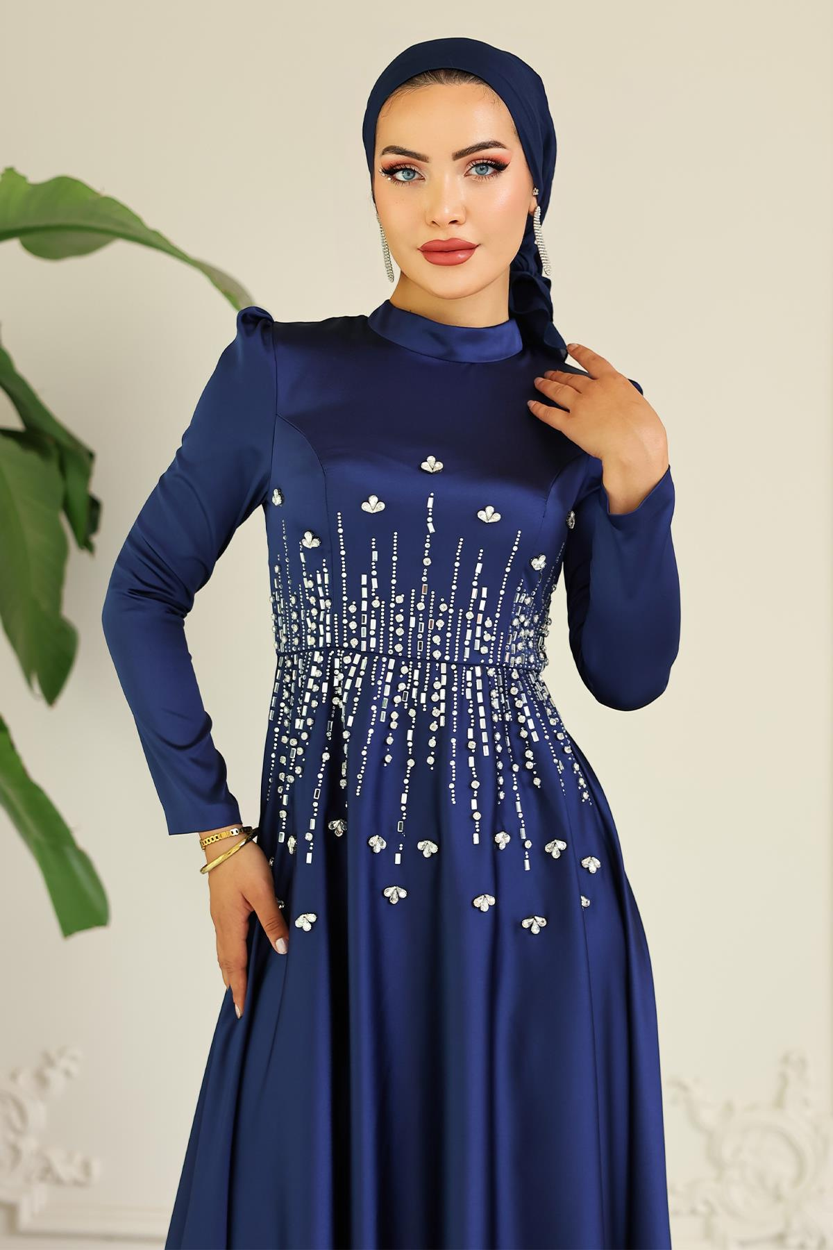 Kloş Önü Taş Desenli Saten Tesettür Abiye Elbise LACİVERT 1680