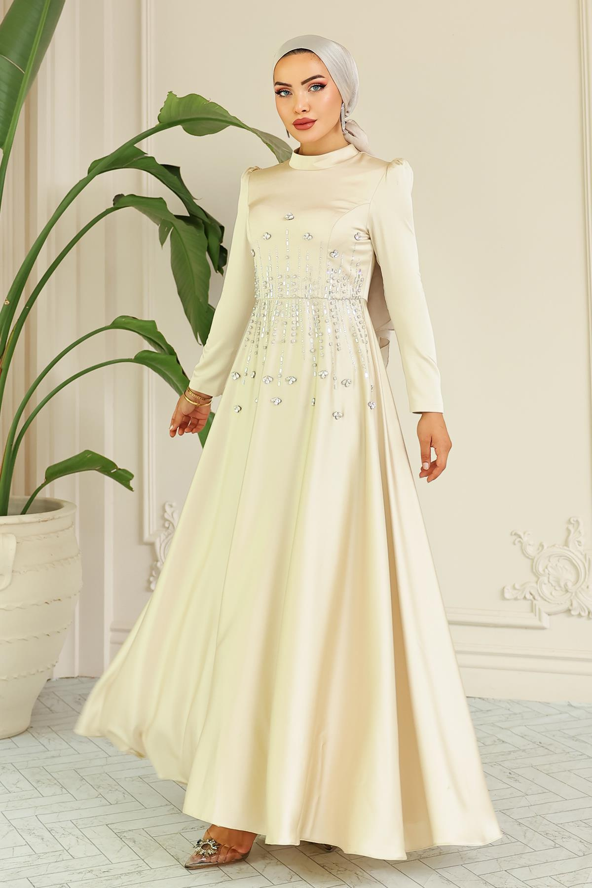 Kloş Önü Taş Desenli Saten Tesettür Abiye Elbise BEJ 1680
