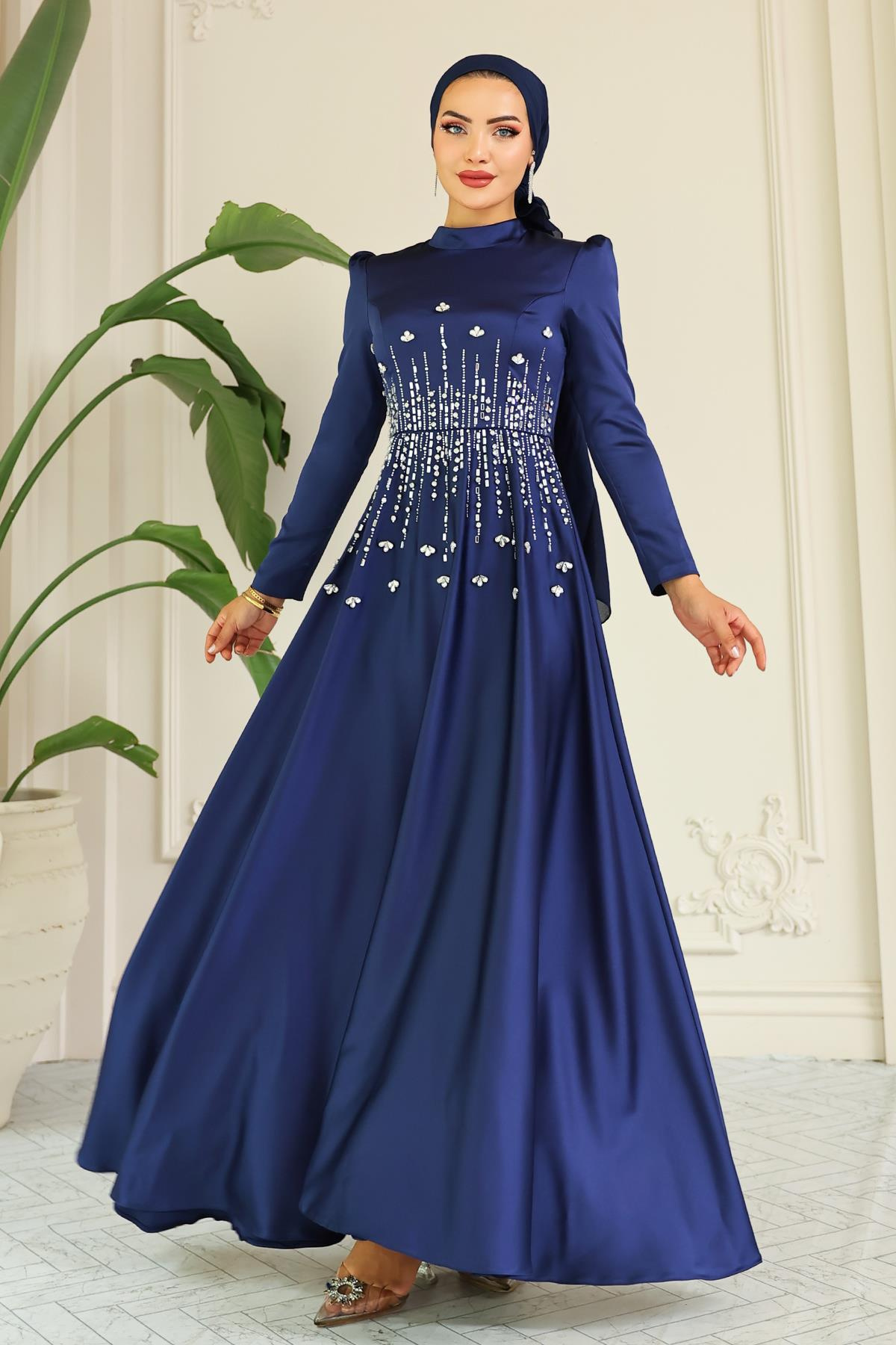 Kloş Önü Taş Desenli Saten Tesettür Abiye Elbise LACİVERT 1680