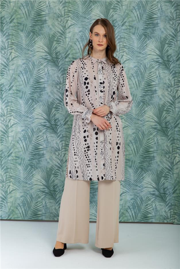 Kol Ağzı Büzgülü Desenli Tunik BEJ 9772