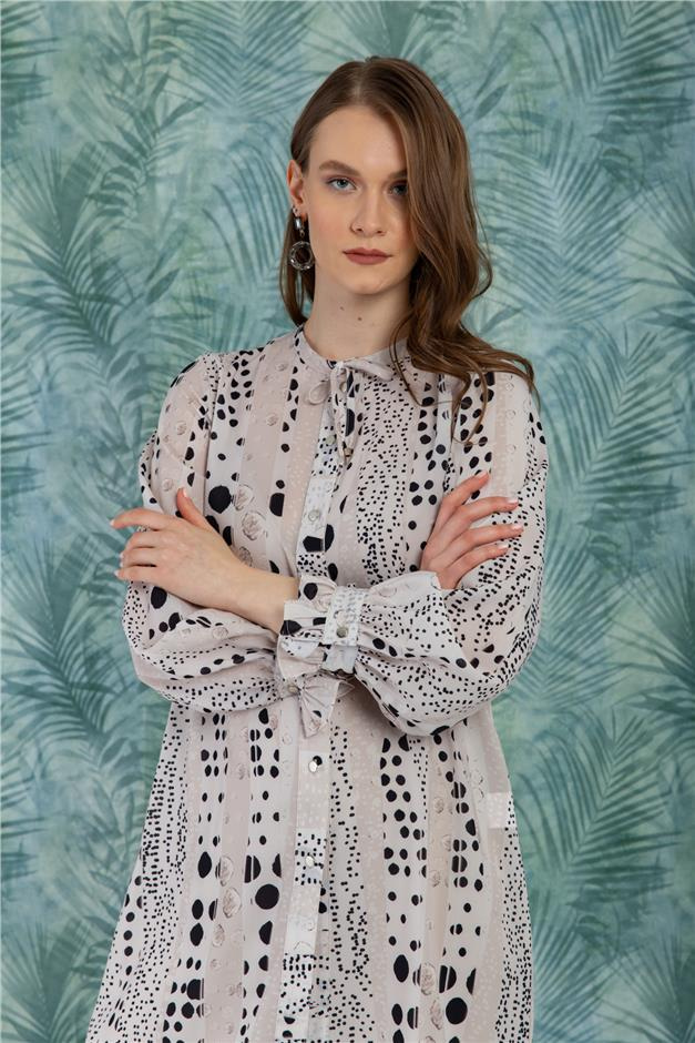 Kol Ağzı Büzgülü Desenli Tunik BEJ 9772