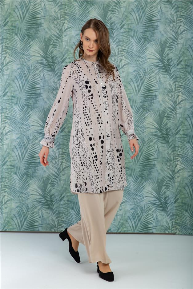 Kol Ağzı Büzgülü Desenli Tunik BEJ 9772