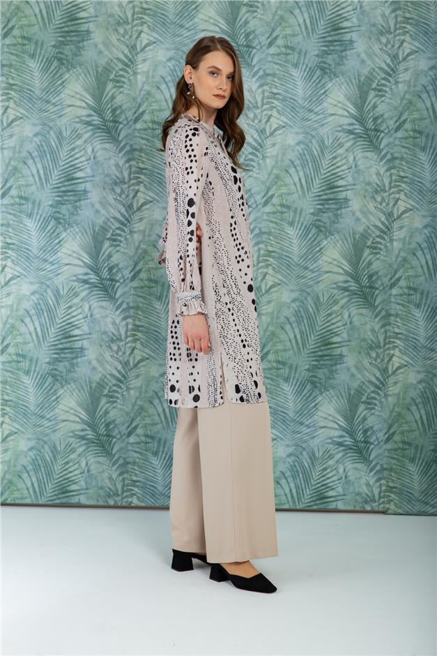 Kol Ağzı Büzgülü Desenli Tunik BEJ 9772