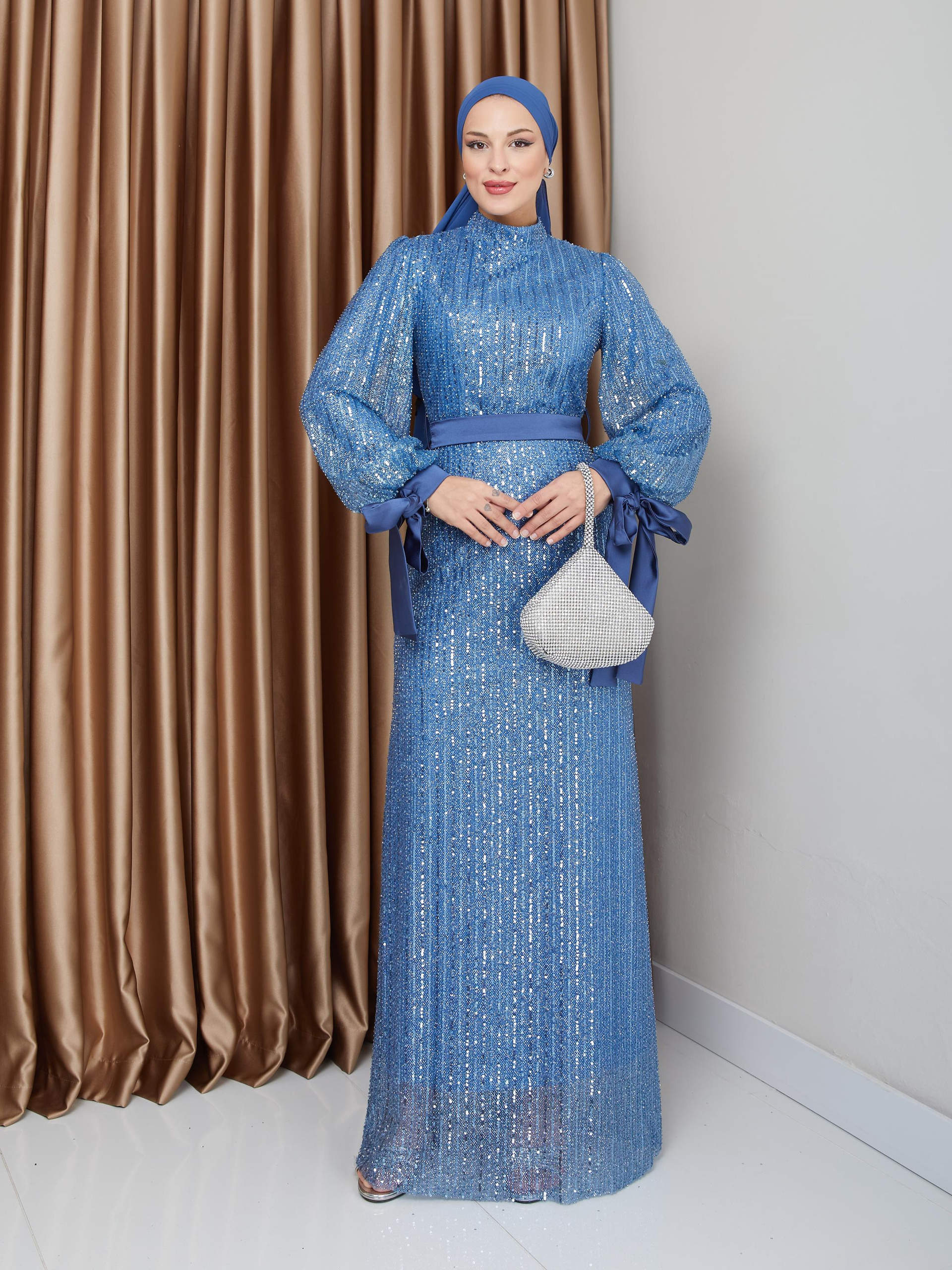 Sequin Hijab Evening Dress with Bow Detail on the Armhole BLUE 1222