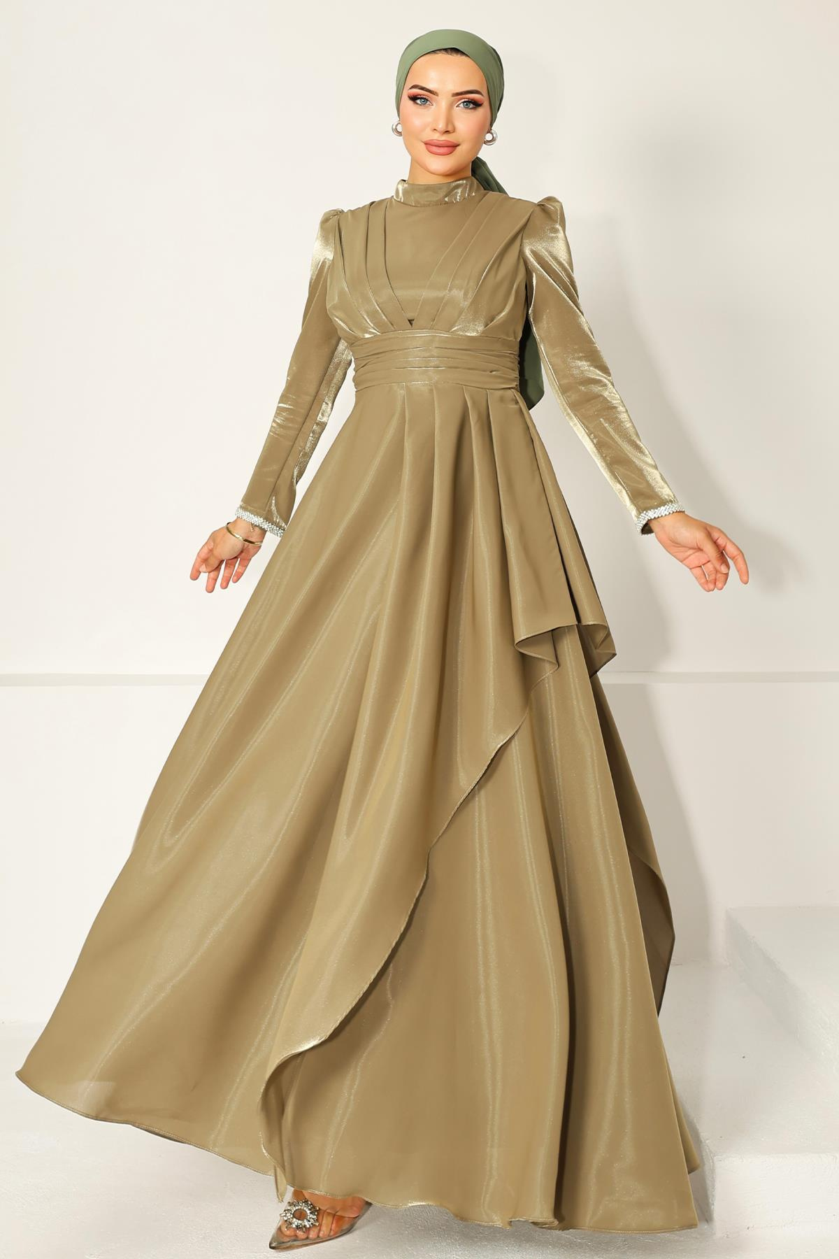 Taffeta Satin Hijab Evening Dress with Stone Embroidered Pleats and Flounce Details on the Armhole OIL GREEN 1215