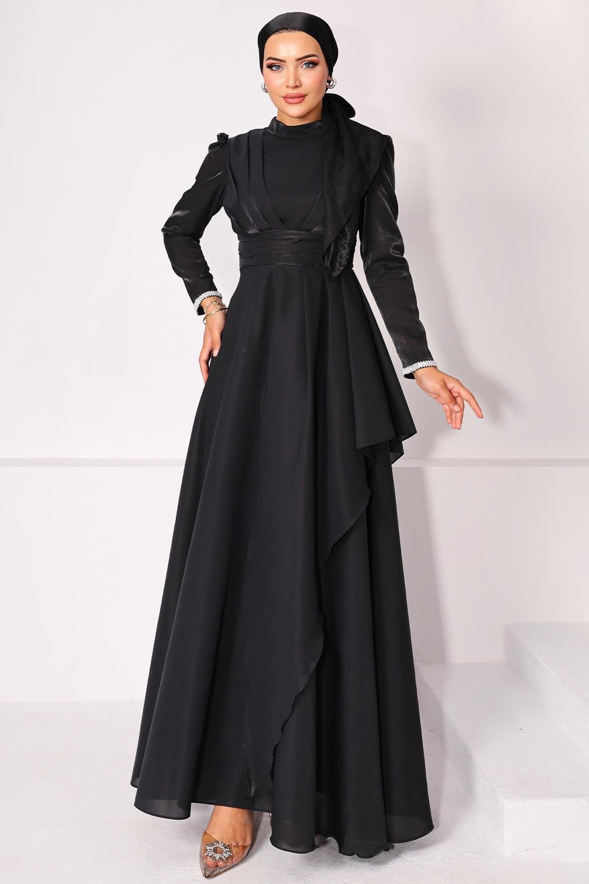 Taffeta Satin Hijab Evening Dress with Stone Embroidered Pleats and Flounce Details on the Armhole BLACK 1215