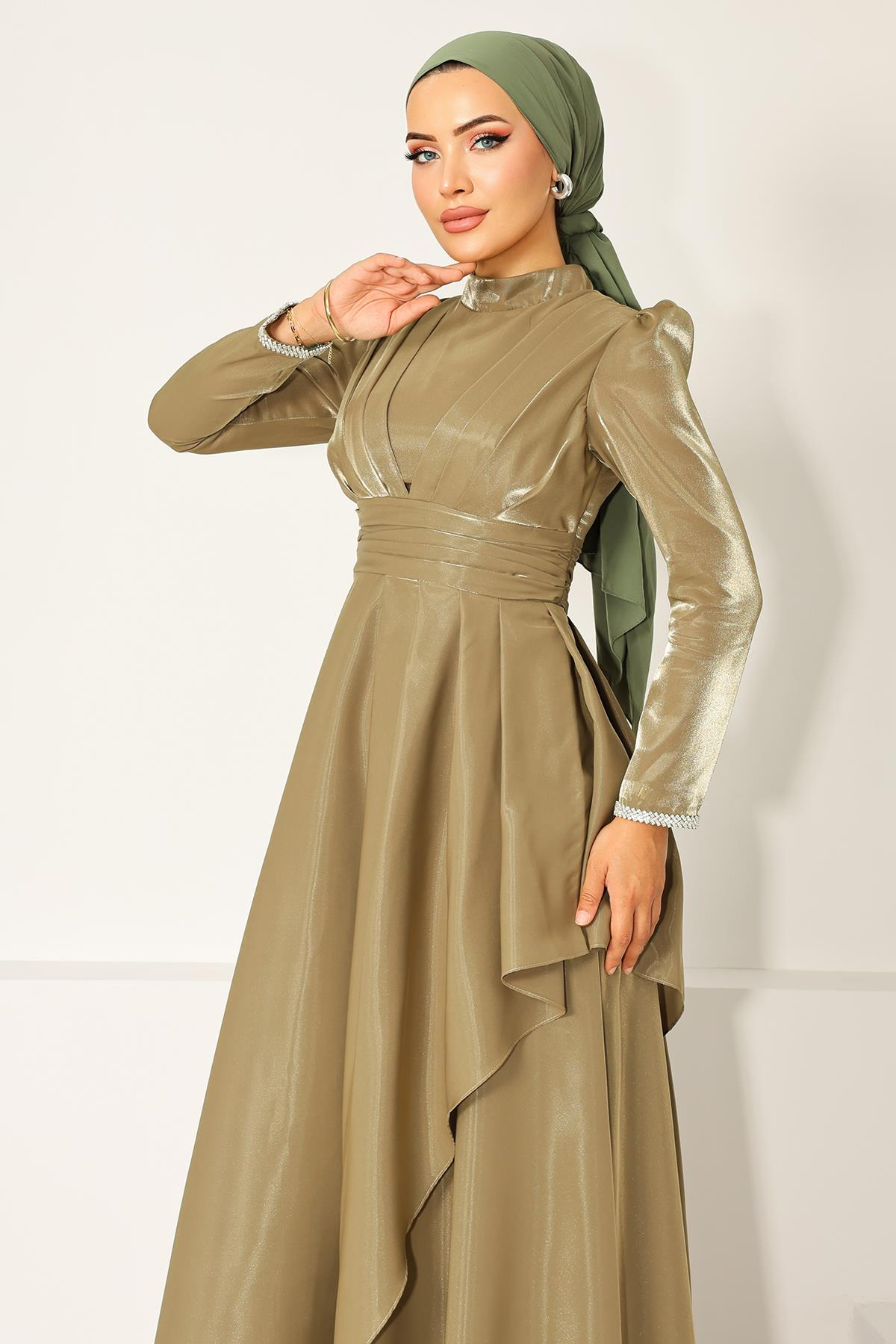Taffeta Satin Hijab Evening Dress with Stone Embroidered Pleats and Flounce Details on the Armhole OIL GREEN 1215