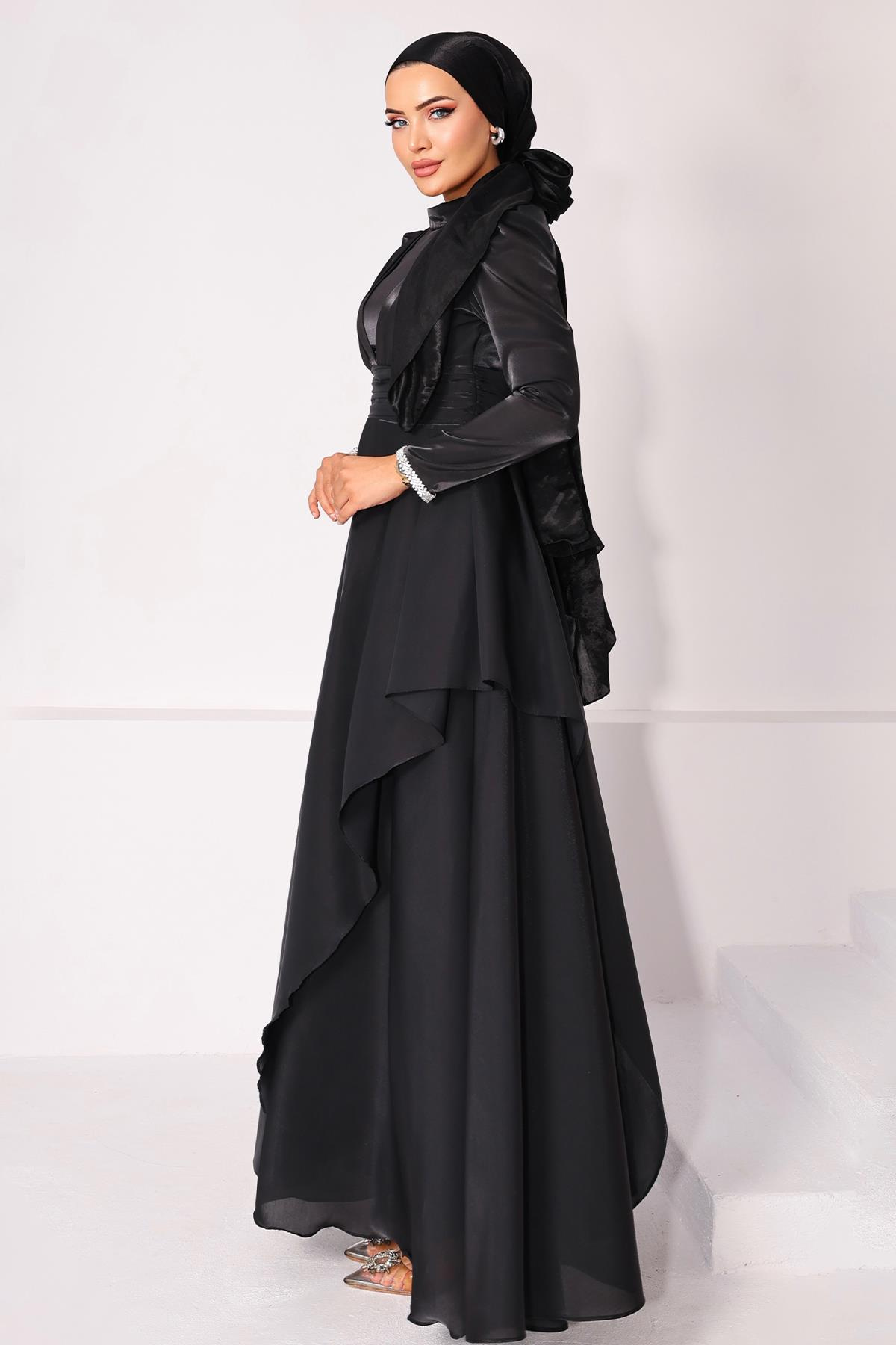 Taffeta Satin Hijab Evening Dress with Stone Embroidered Pleats and Flounce Details on the Armhole BLACK 1215