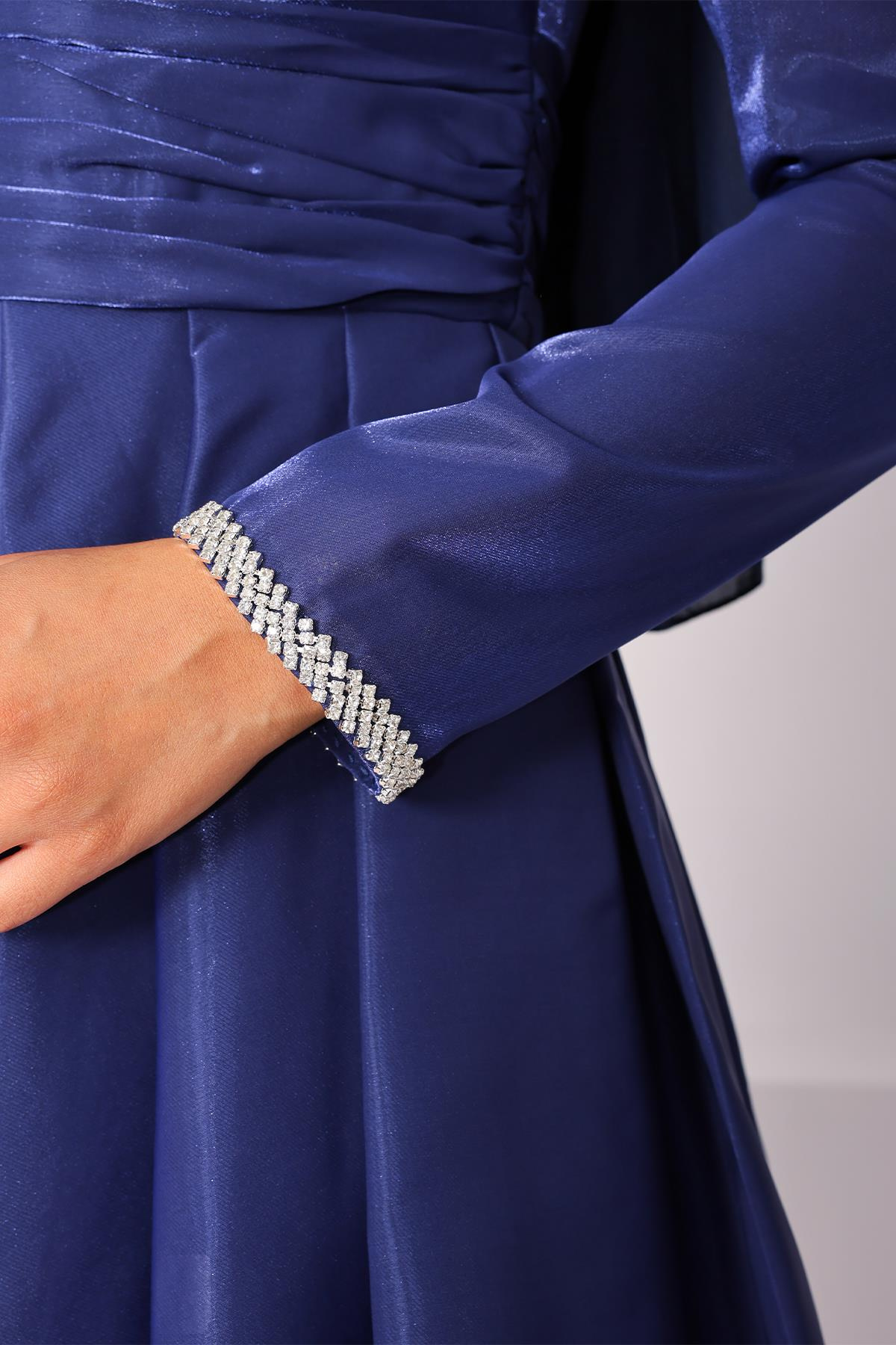 Taffeta Satin Hijab Evening Dress with Stone Embroidered Pleats and Flounce Details on the Armhole K. INDIGO 1215