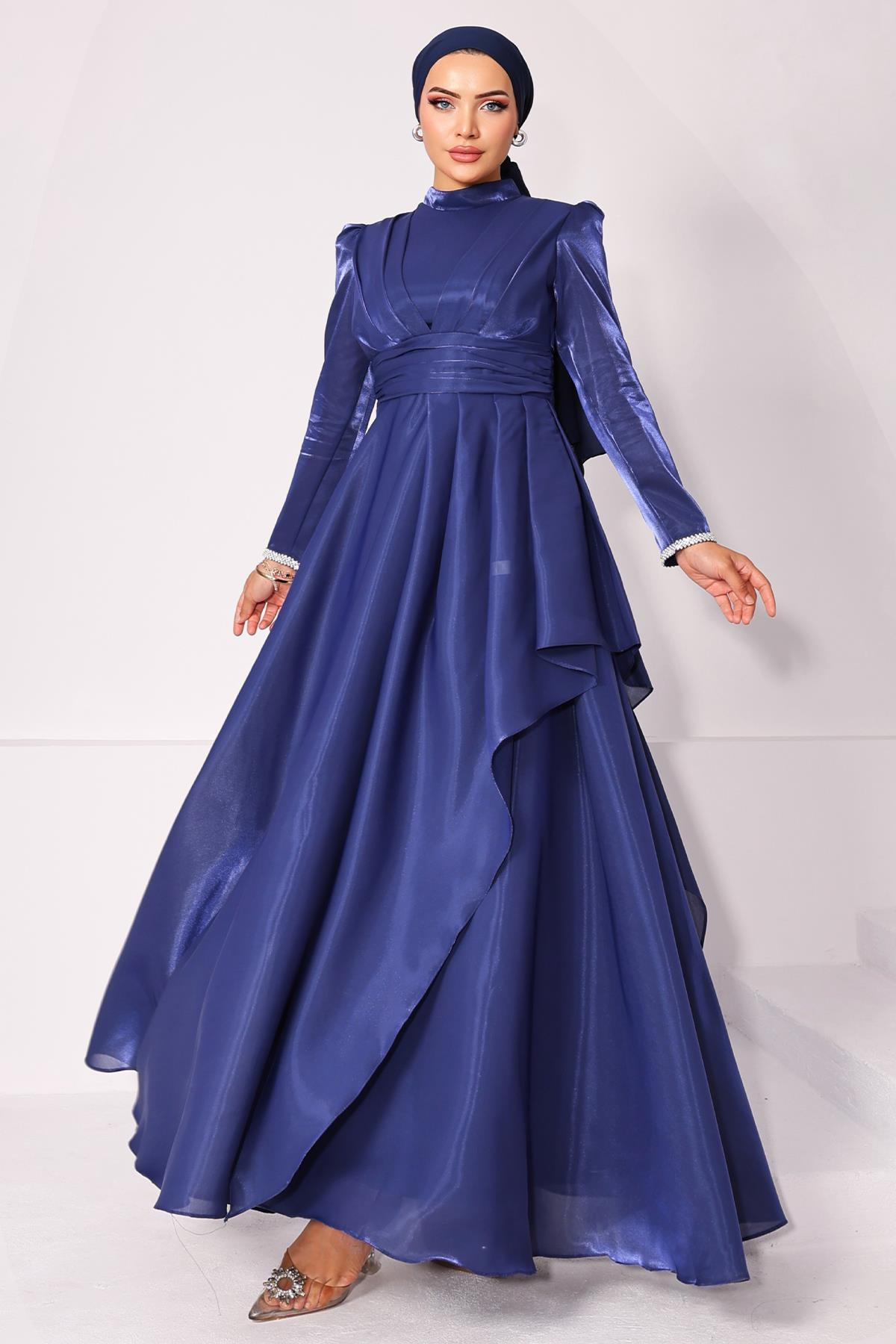 Taffeta Satin Hijab Evening Dress with Stone Embroidered Pleats and Flounce Details on the Armhole K. INDIGO 1215