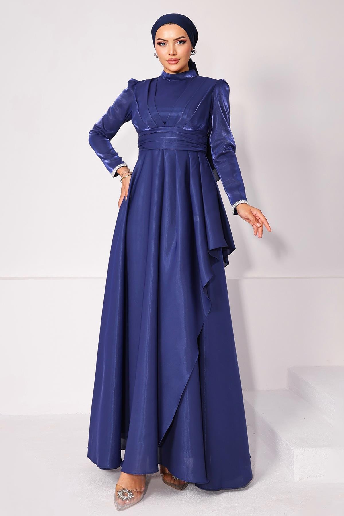 Taffeta Satin Hijab Evening Dress with Stone Embroidered Pleats and Flounce Details on the Armhole K. INDIGO 1215