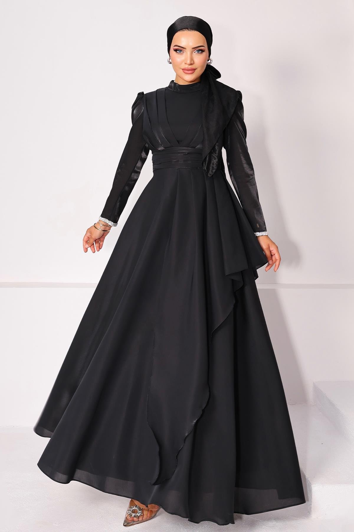 Taffeta Satin Hijab Evening Dress with Stone Embroidered Pleats and Flounce Details on the Armhole BLACK 1215