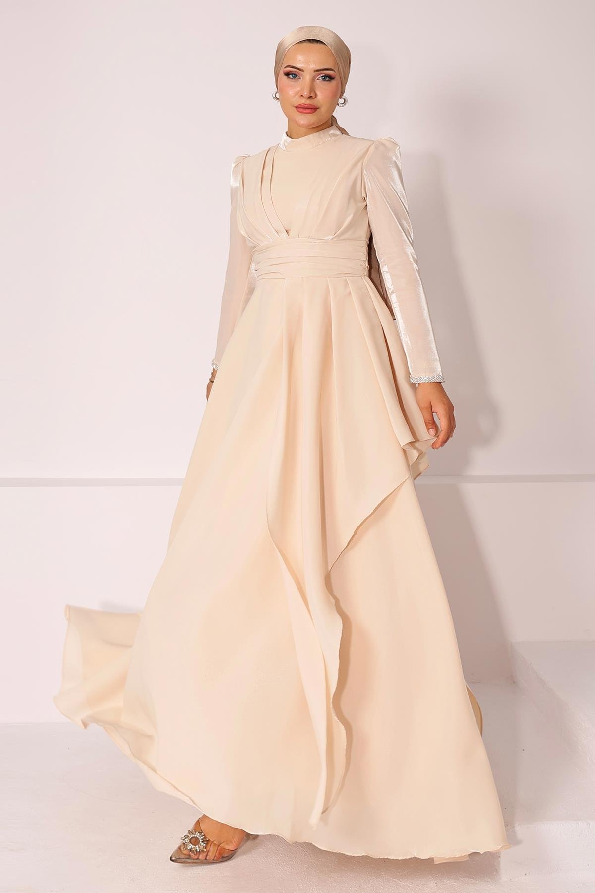 Taffeta Satin Hijab Evening Dress with Stone Embroidered Pleats and Flounce Details on the Armhole CREAM 1215