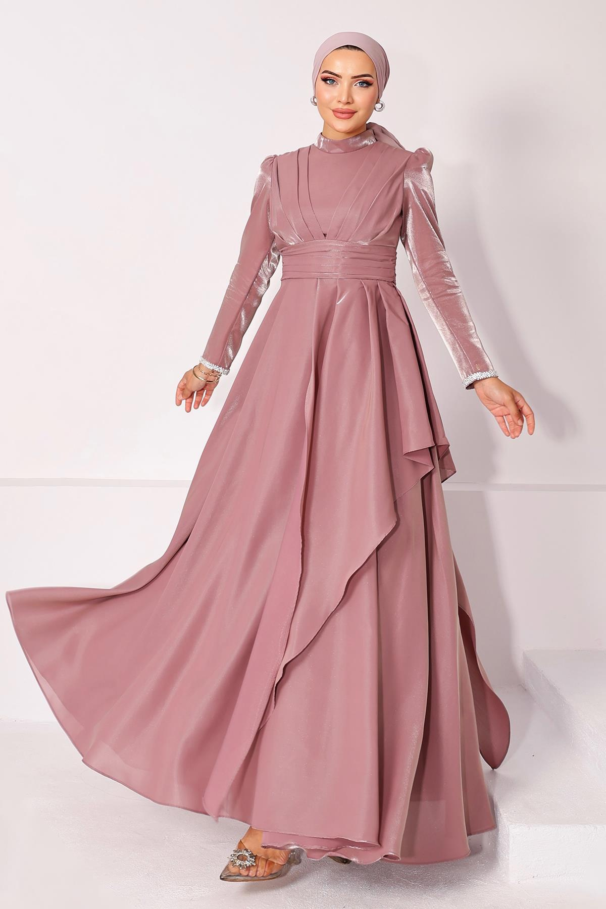 Taffeta Satin Hijab Evening Dress with Stone Embroidered Pleats and Flounce Details on the Armhole ROSE 1215