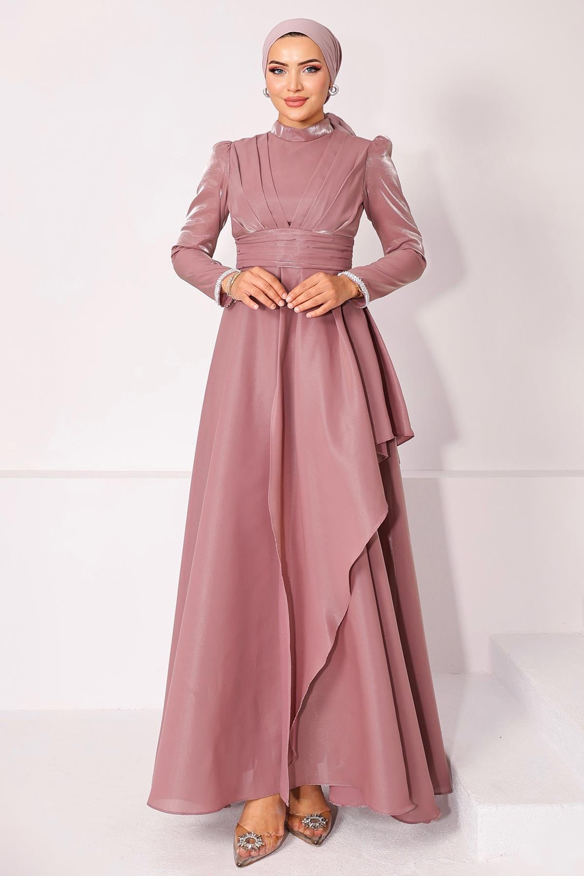 Taffeta Satin Hijab Evening Dress with Stone Embroidered Pleats and Flounce Details on the Armhole ROSE 1215