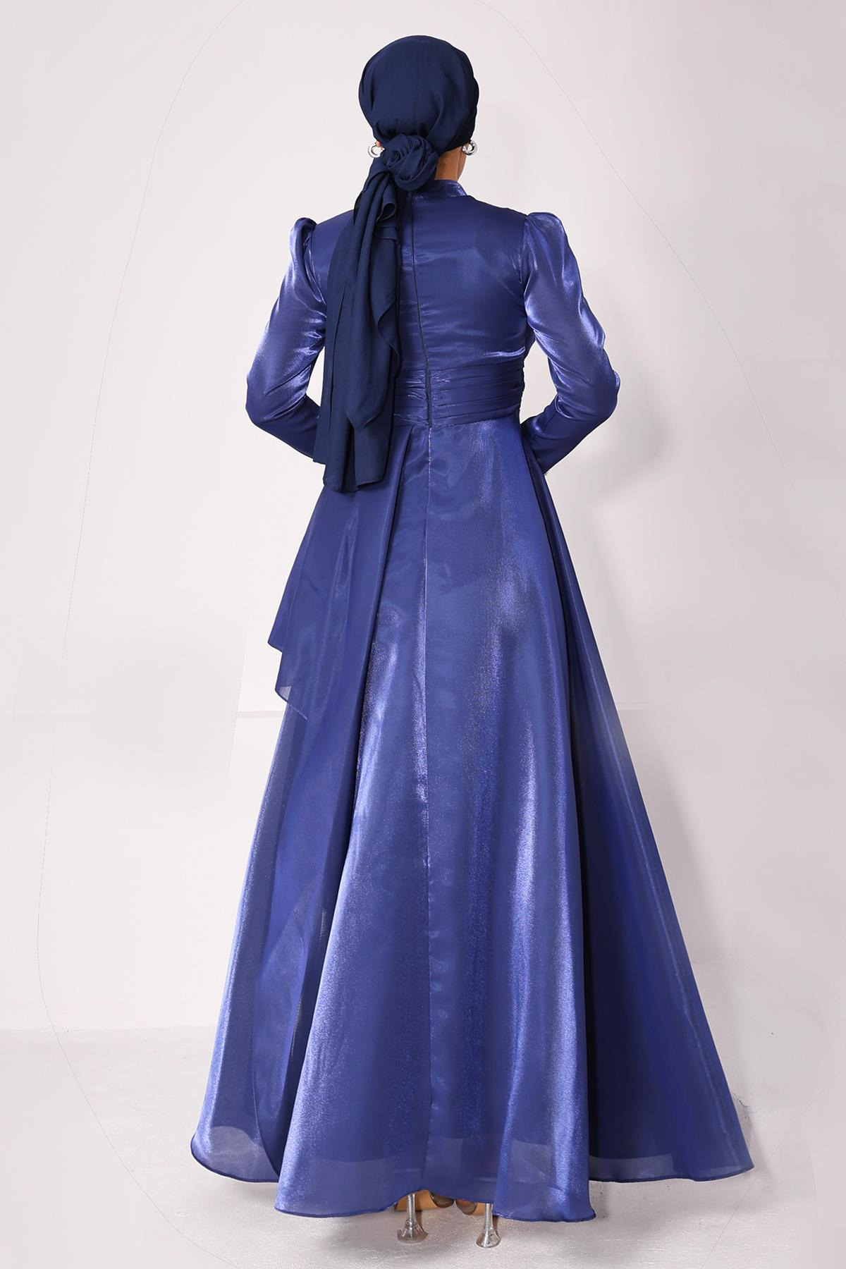 Taffeta Satin Hijab Evening Dress with Stone Embroidered Pleats and Flounce Details on the Armhole K. INDIGO 1215