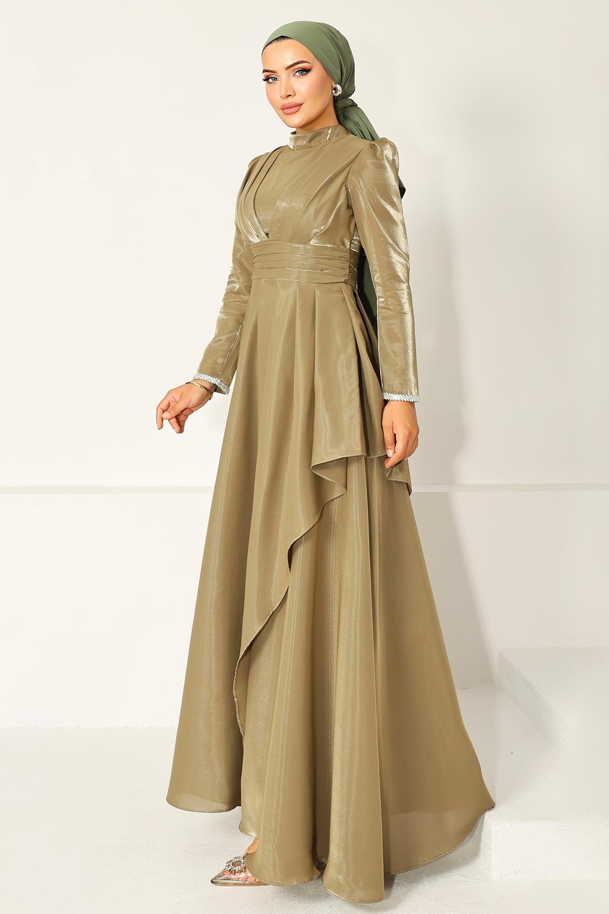 Taffeta Satin Hijab Evening Dress with Stone Embroidered Pleats and Flounce Details on the Armhole OIL GREEN 1215