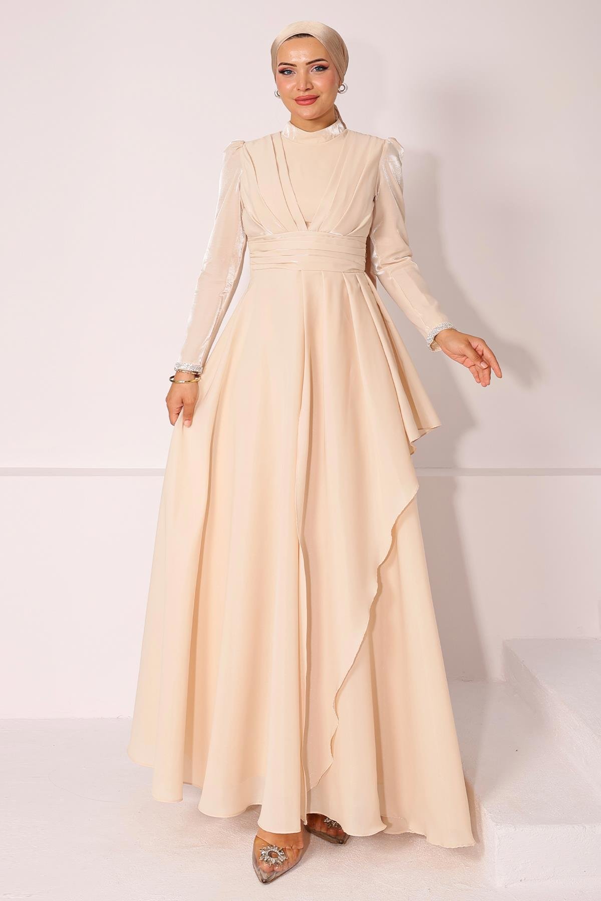 Taffeta Satin Hijab Evening Dress with Stone Embroidered Pleats and Flounce Details on the Armhole CREAM 1215