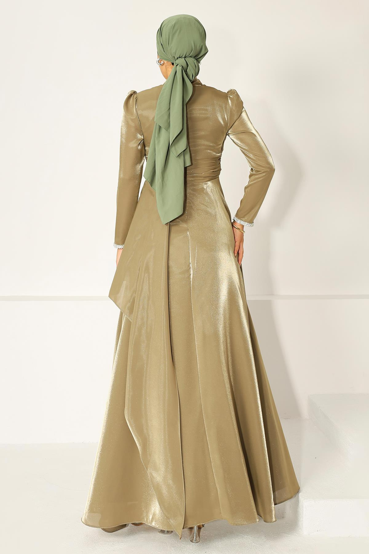 Taffeta Satin Hijab Evening Dress with Stone Embroidered Pleats and Flounce Details on the Armhole OIL GREEN 1215