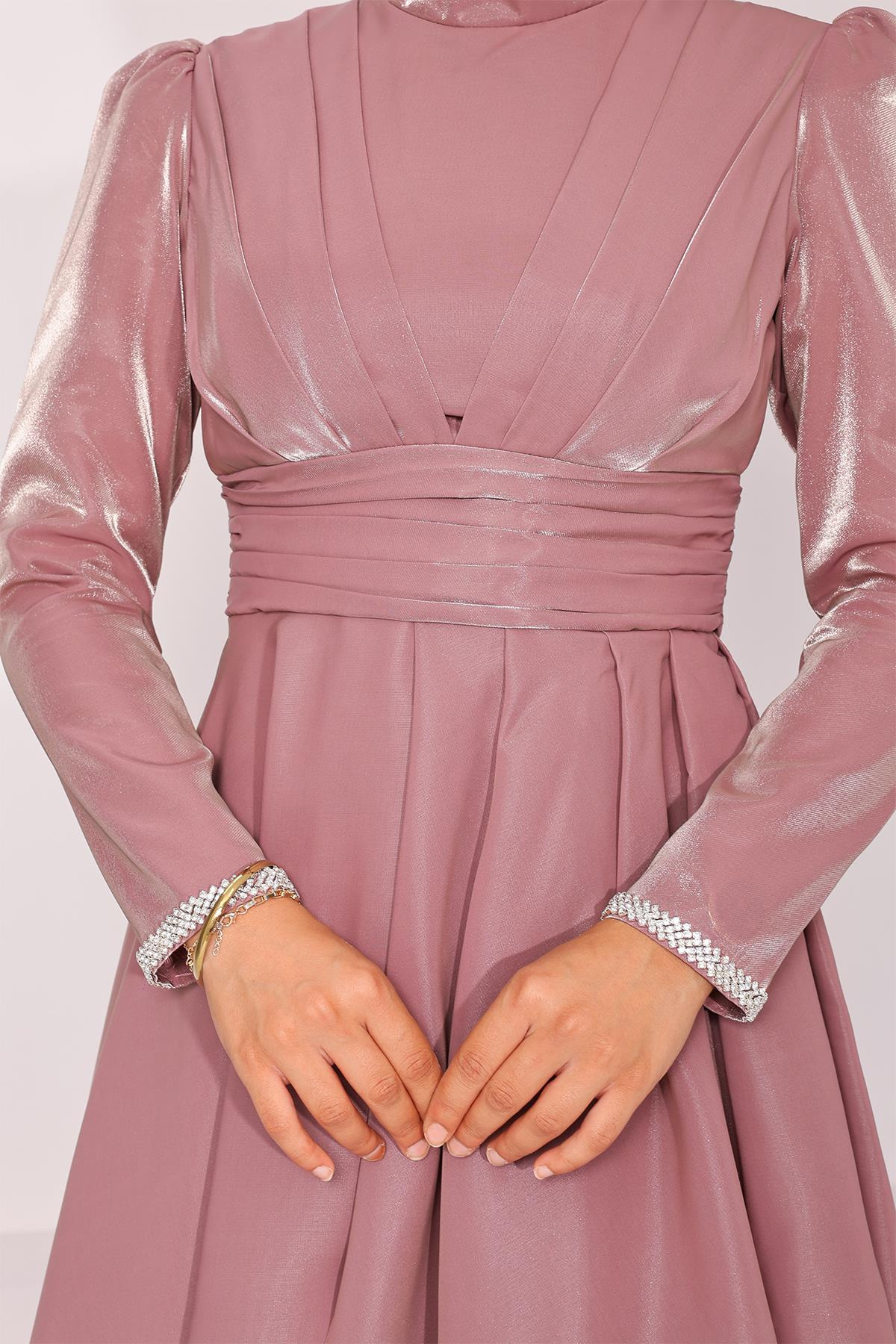 Taffeta Satin Hijab Evening Dress with Stone Embroidered Pleats and Flounce Details on the Armhole ROSE 1215