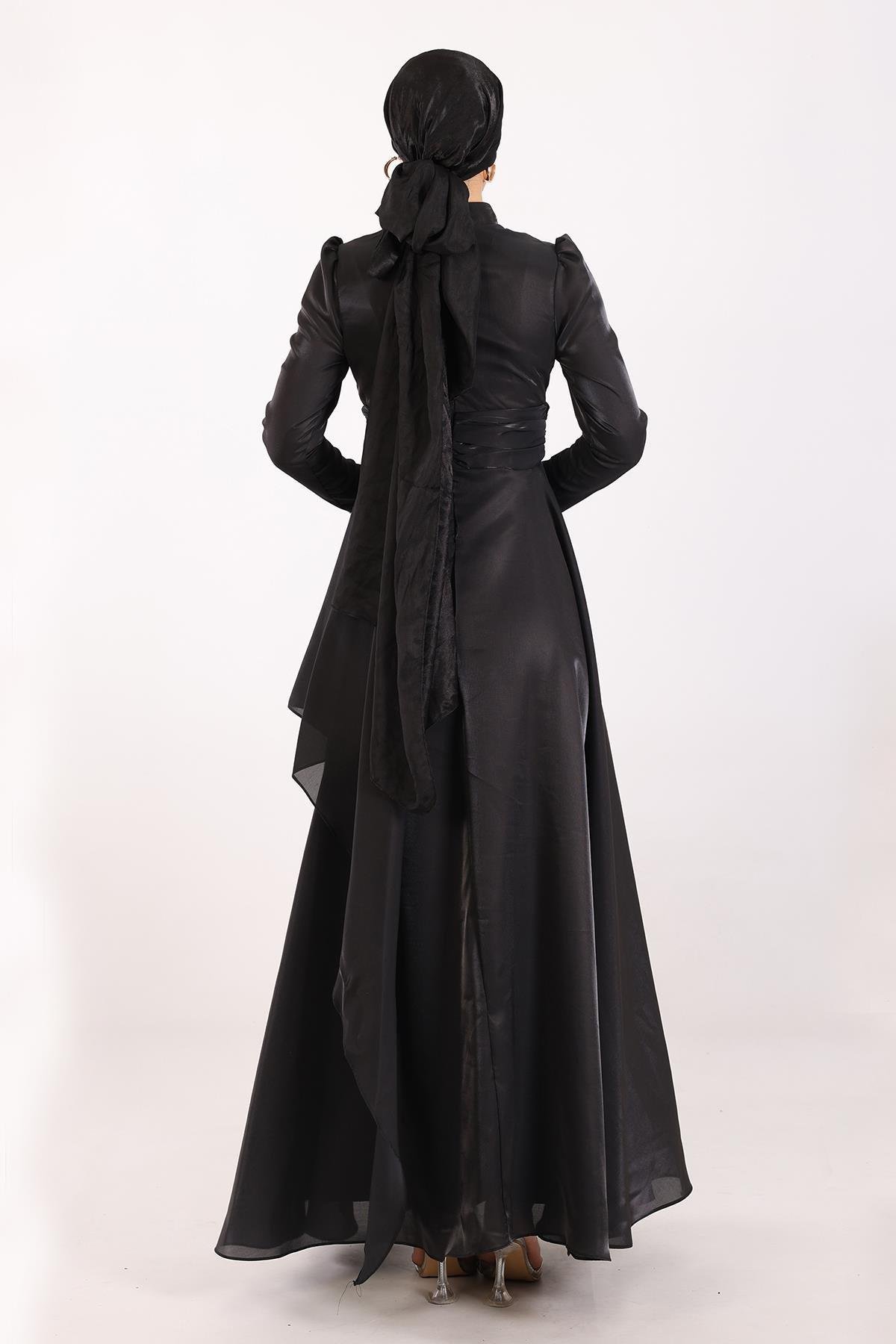 Taffeta Satin Hijab Evening Dress with Stone Embroidered Pleats and Flounce Details on the Armhole BLACK 1215