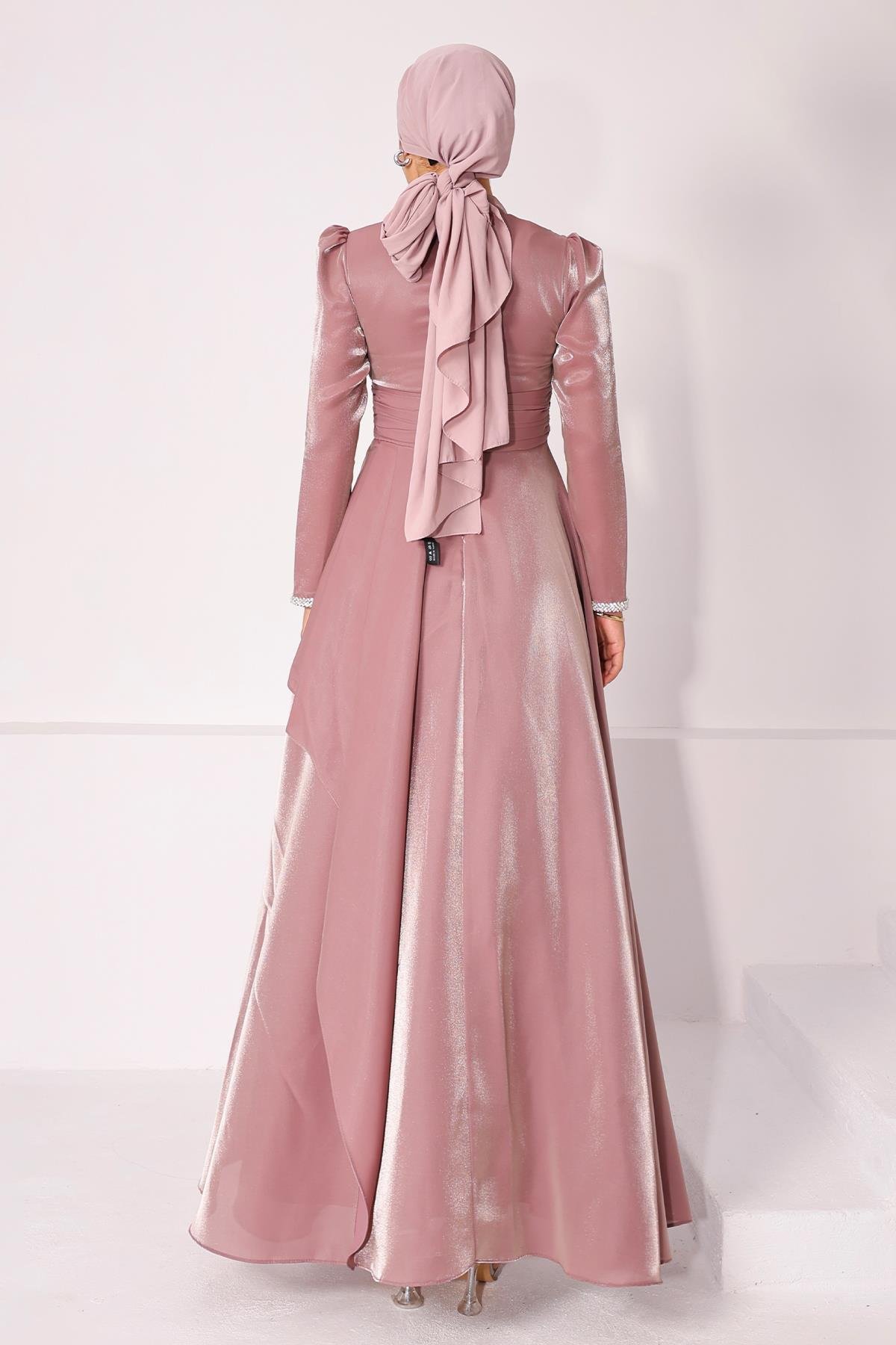 Taffeta Satin Hijab Evening Dress with Stone Embroidered Pleats and Flounce Details on the Armhole ROSE 1215