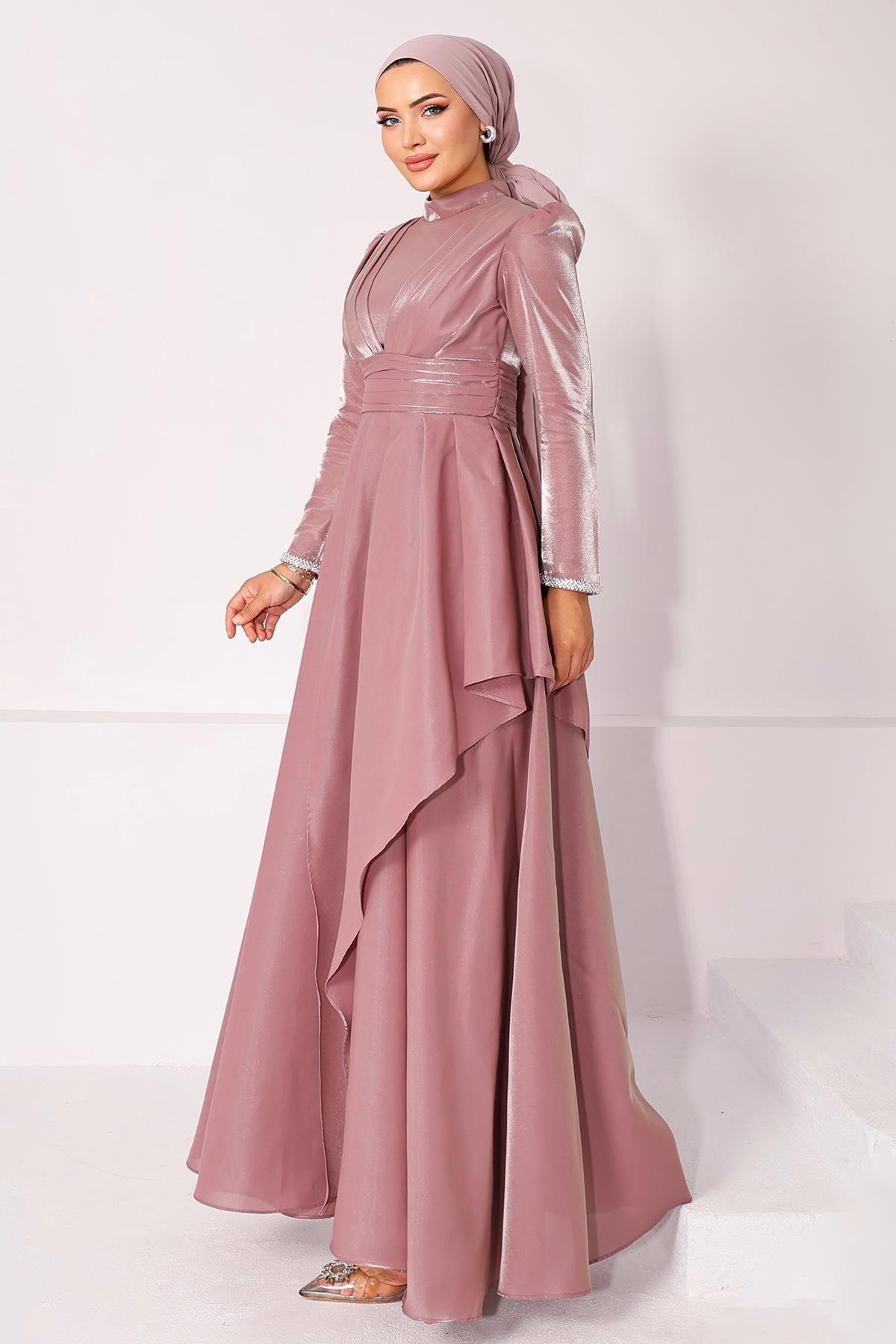 Taffeta Satin Hijab Evening Dress with Stone Embroidered Pleats and Flounce Details on the Armhole ROSE 1215