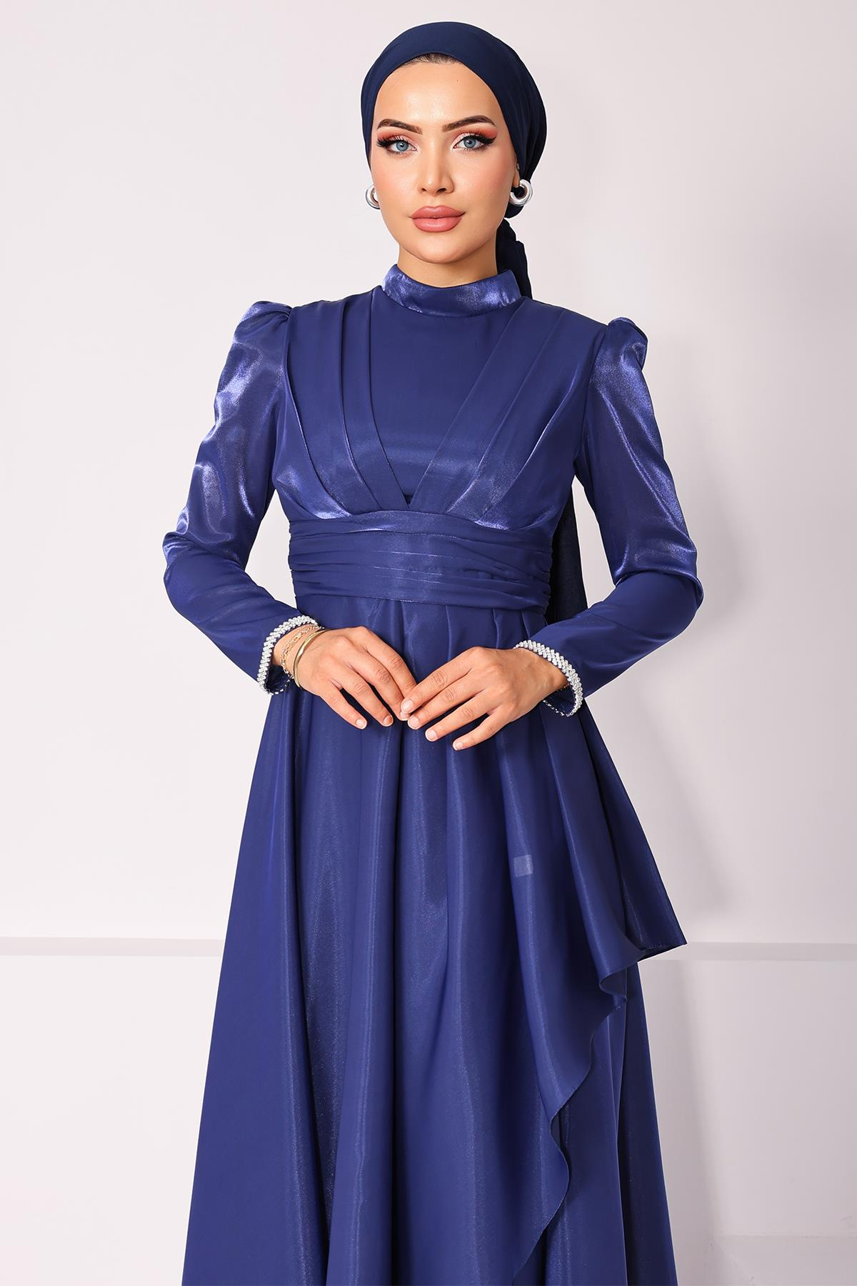 Taffeta Satin Hijab Evening Dress with Stone Embroidered Pleats and Flounce Details on the Armhole K. INDIGO 1215