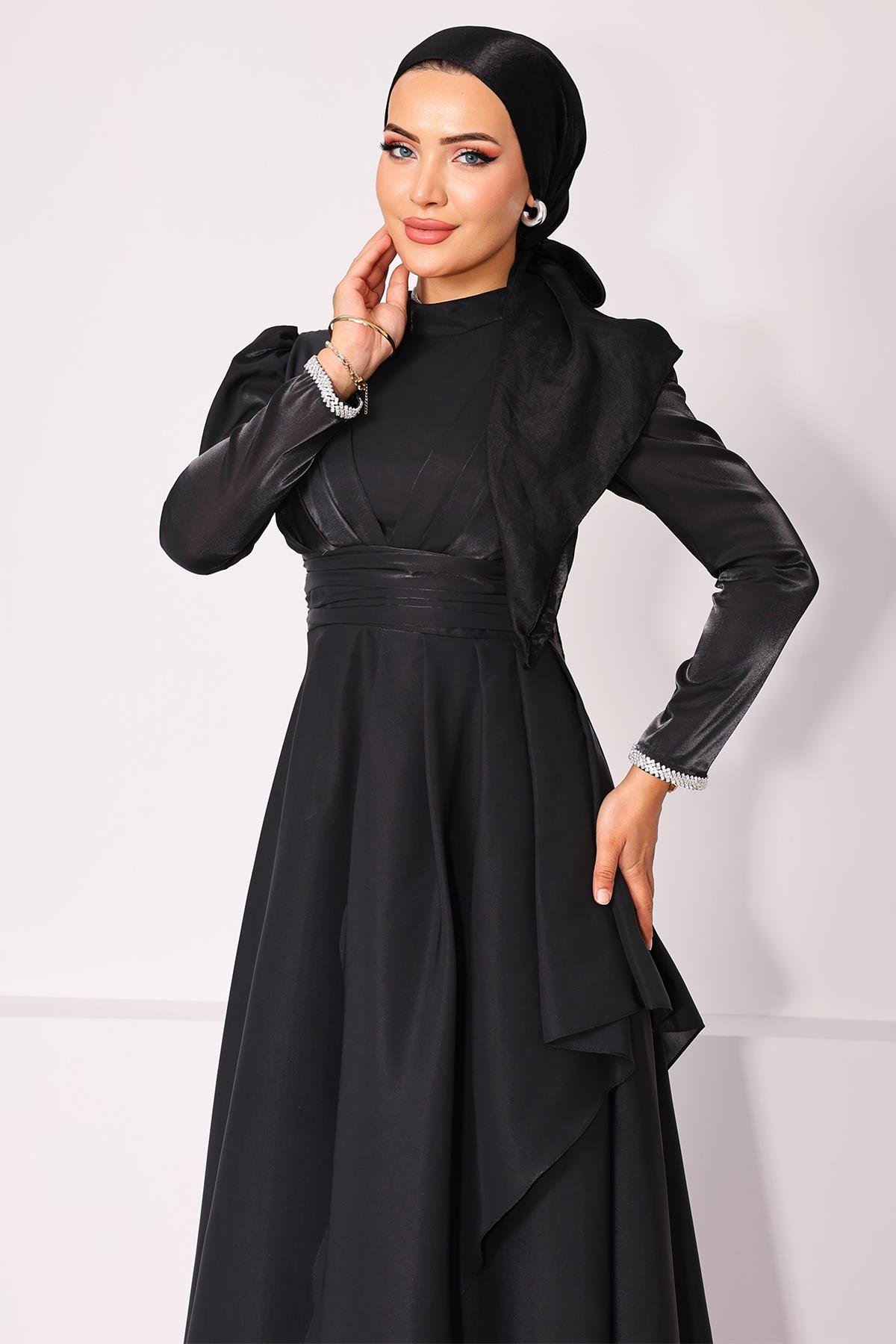 Taffeta Satin Hijab Evening Dress with Stone Embroidered Pleats and Flounce Details on the Armhole BLACK 1215