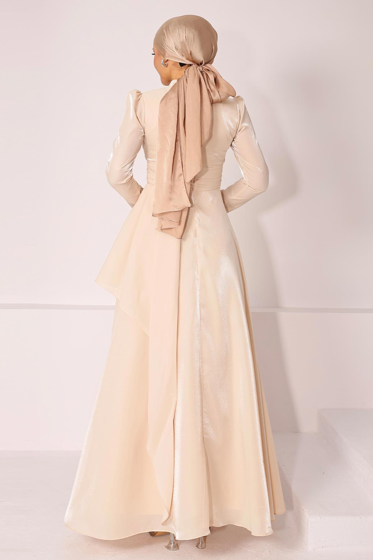 Taffeta Satin Hijab Evening Dress with Stone Embroidered Pleats and Flounce Details on the Armhole CREAM 1215