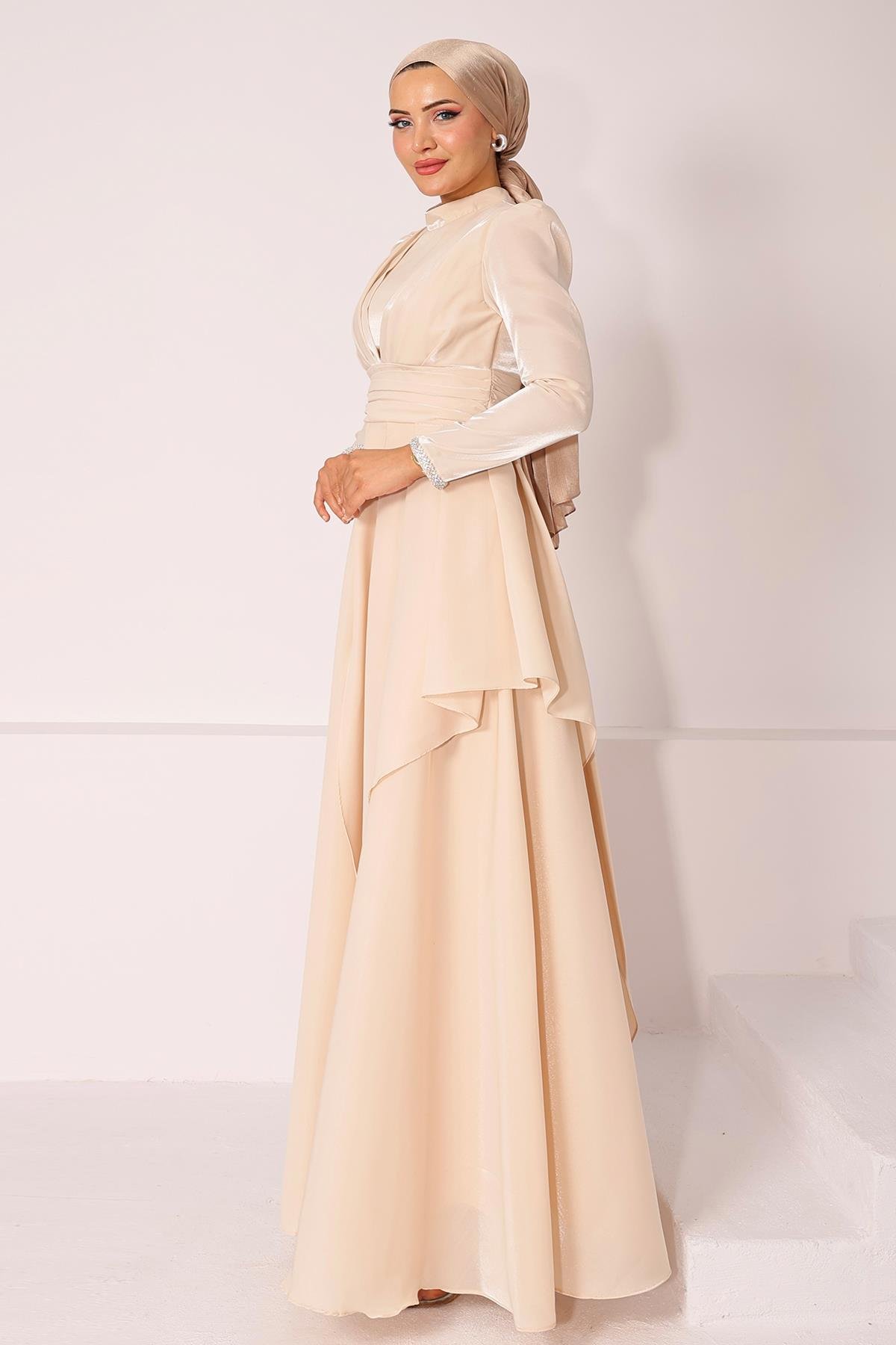 Taffeta Satin Hijab Evening Dress with Stone Embroidered Pleats and Flounce Details on the Armhole CREAM 1215