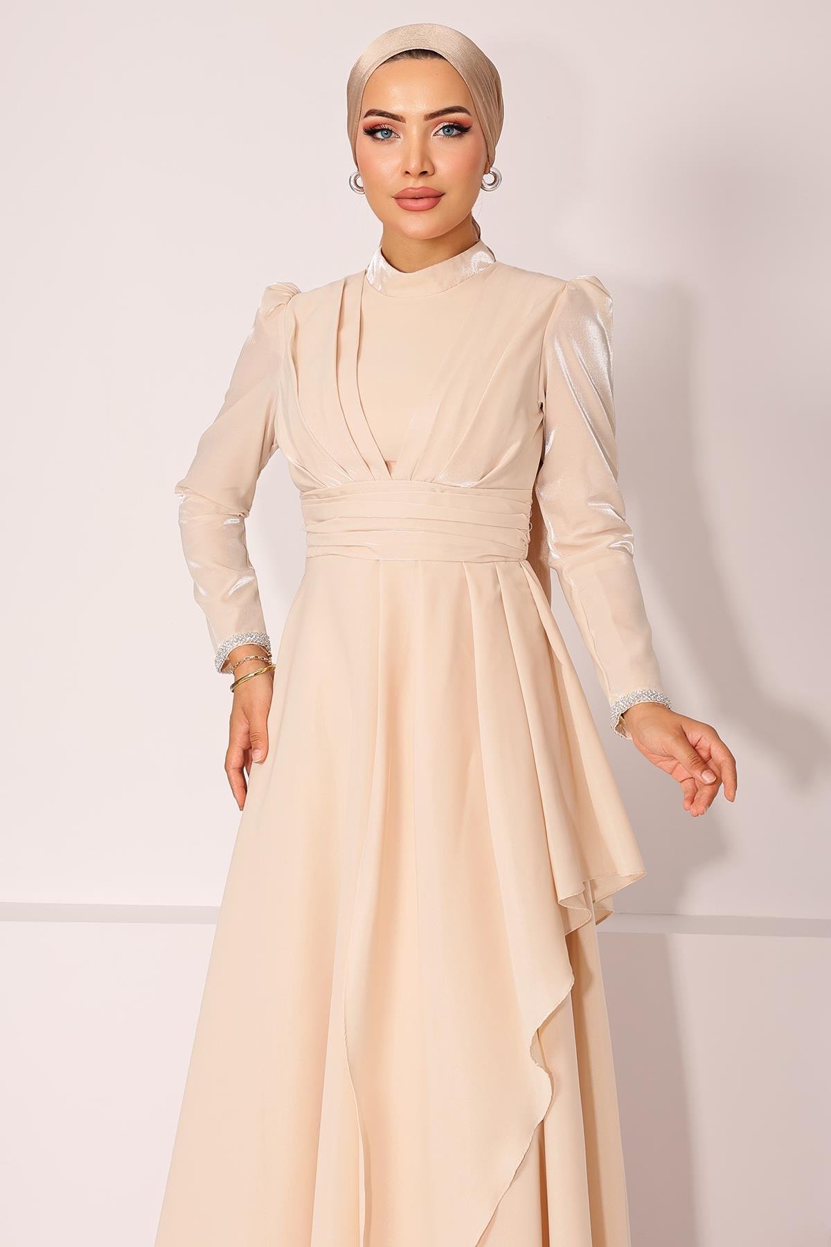 Taffeta Satin Hijab Evening Dress with Stone Embroidered Pleats and Flounce Details on the Armhole CREAM 1215