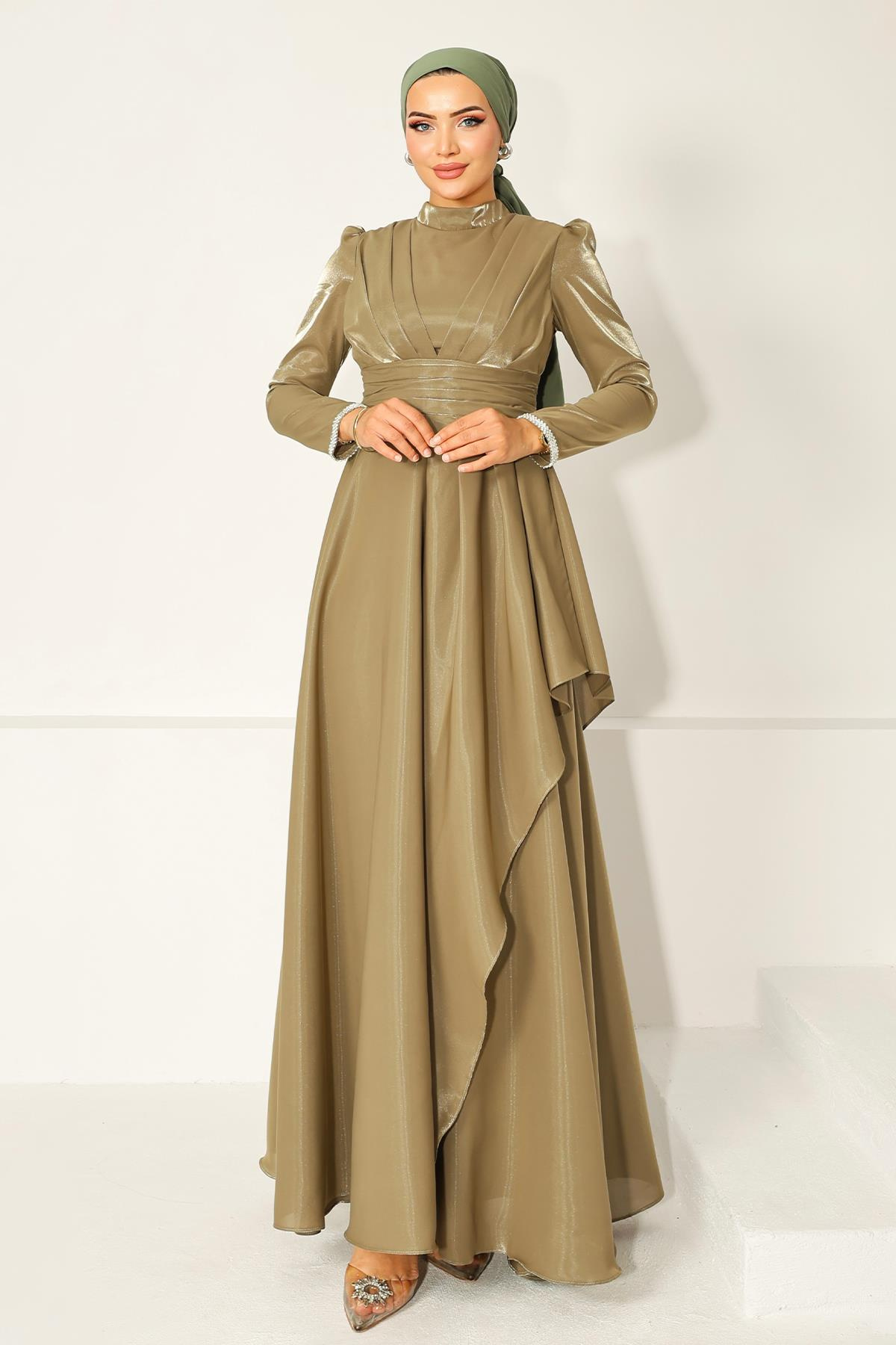 Taffeta Satin Hijab Evening Dress with Stone Embroidered Pleats and Flounce Details on the Armhole OIL GREEN 1215
