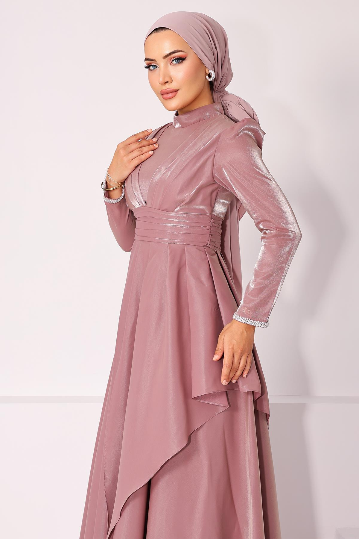 Taffeta Satin Hijab Evening Dress with Stone Embroidered Pleats and Flounce Details on the Armhole ROSE 1215
