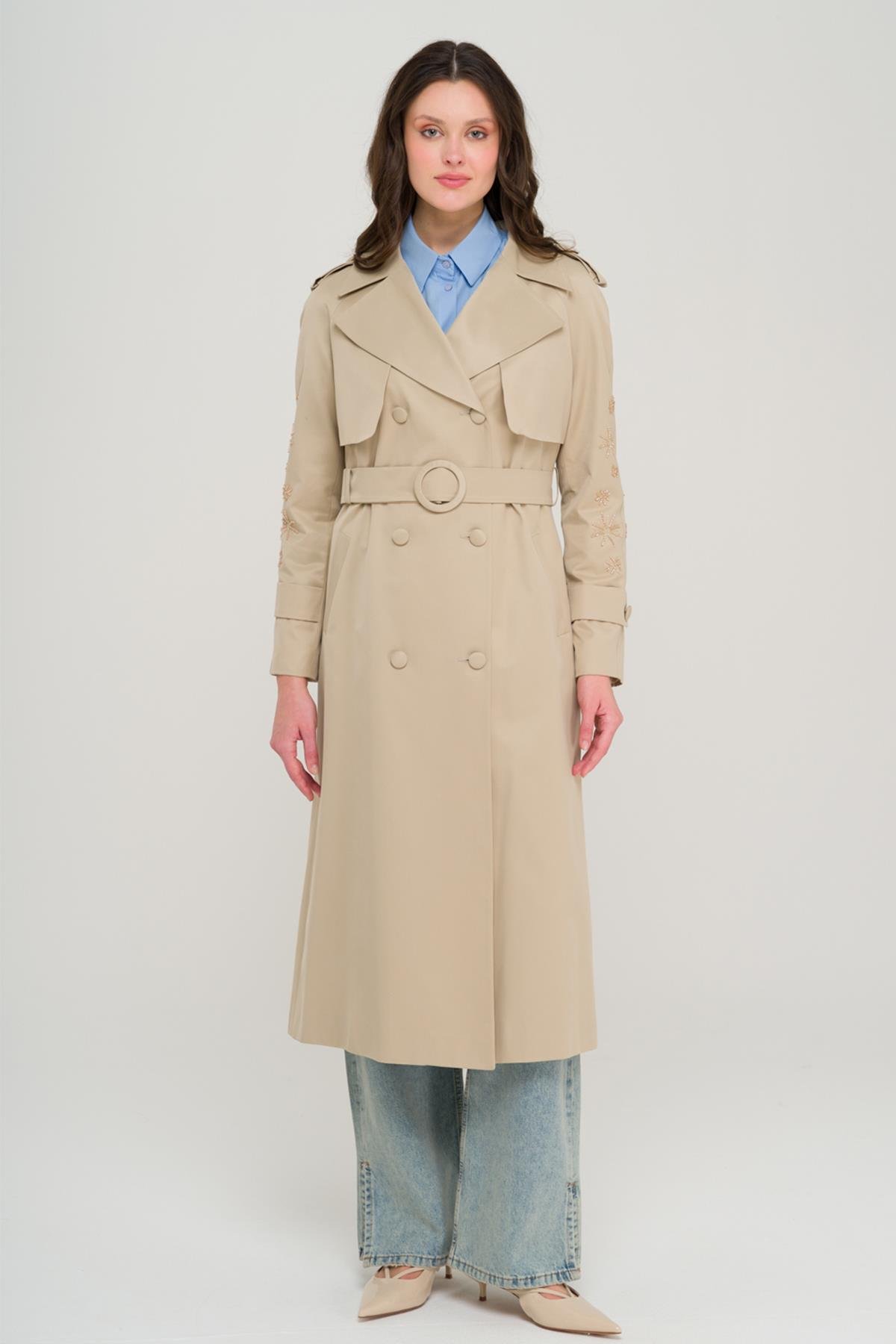 Water-Repellent Premium Trench Coat with Beaded and Embroidered Sleeves IVORY 6688