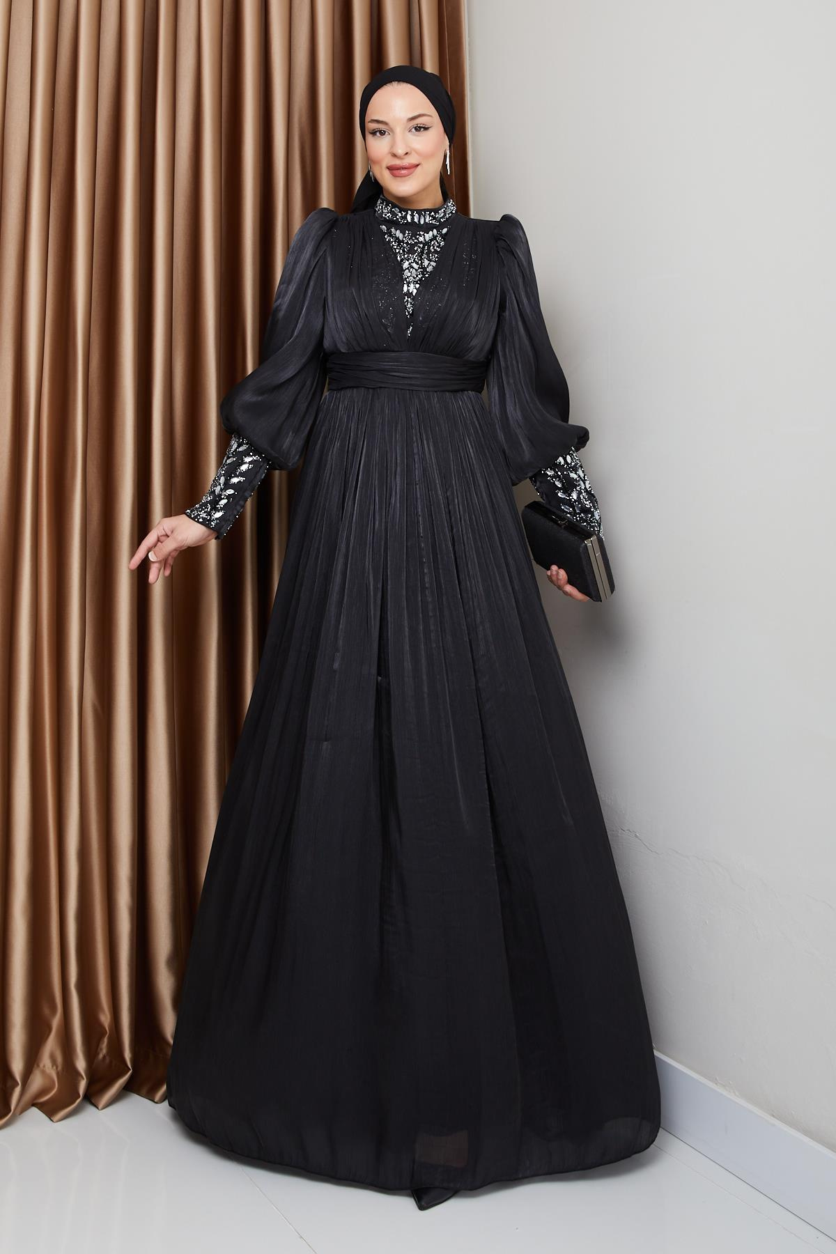 Yorgo Silk Hijab Evening Dress with Stone Embellished Sleeves and Front BLACK 1239