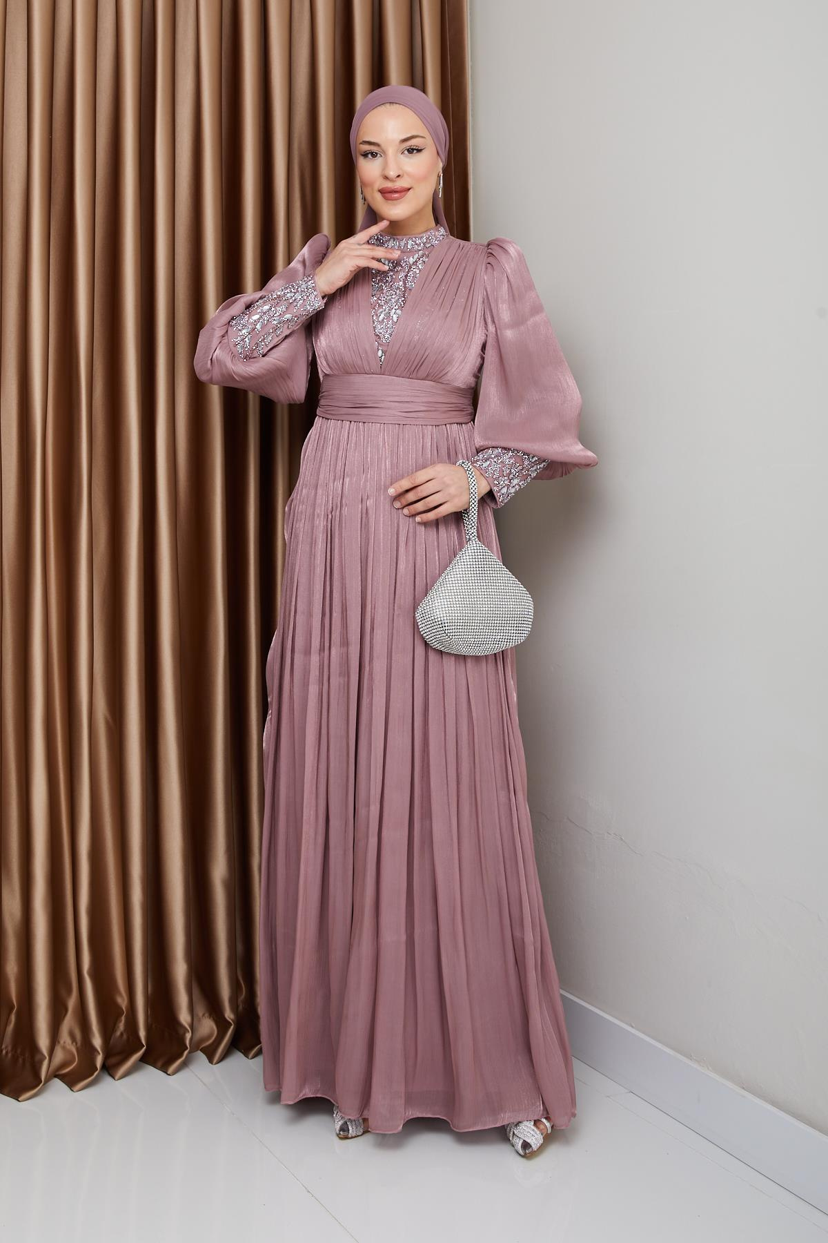 Yorgo Silk Hijab Evening Dress with Stone Embellished Sleeves and Front ROSE 1239