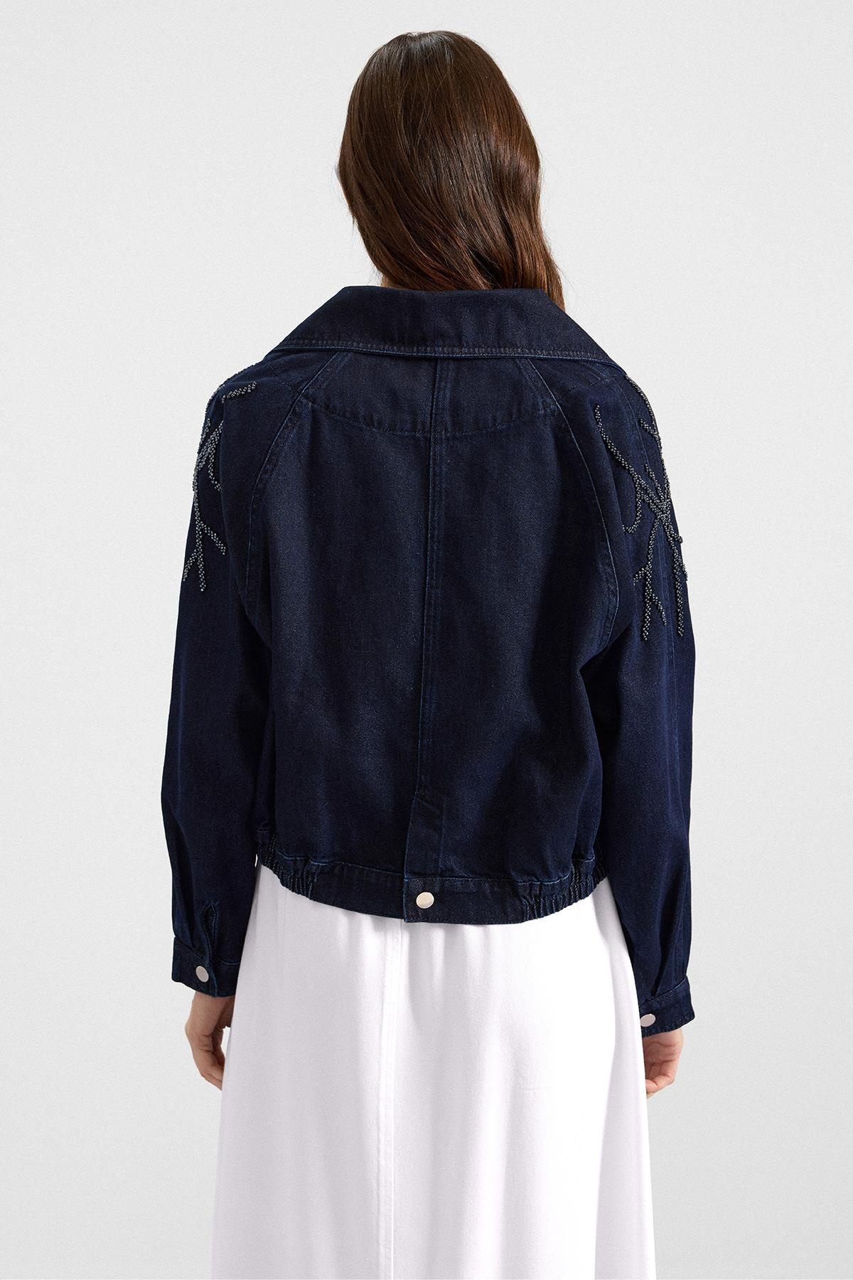 Kolu Boncuk İşlemeli Astarsız Denim Ceket LACİVERT 8283